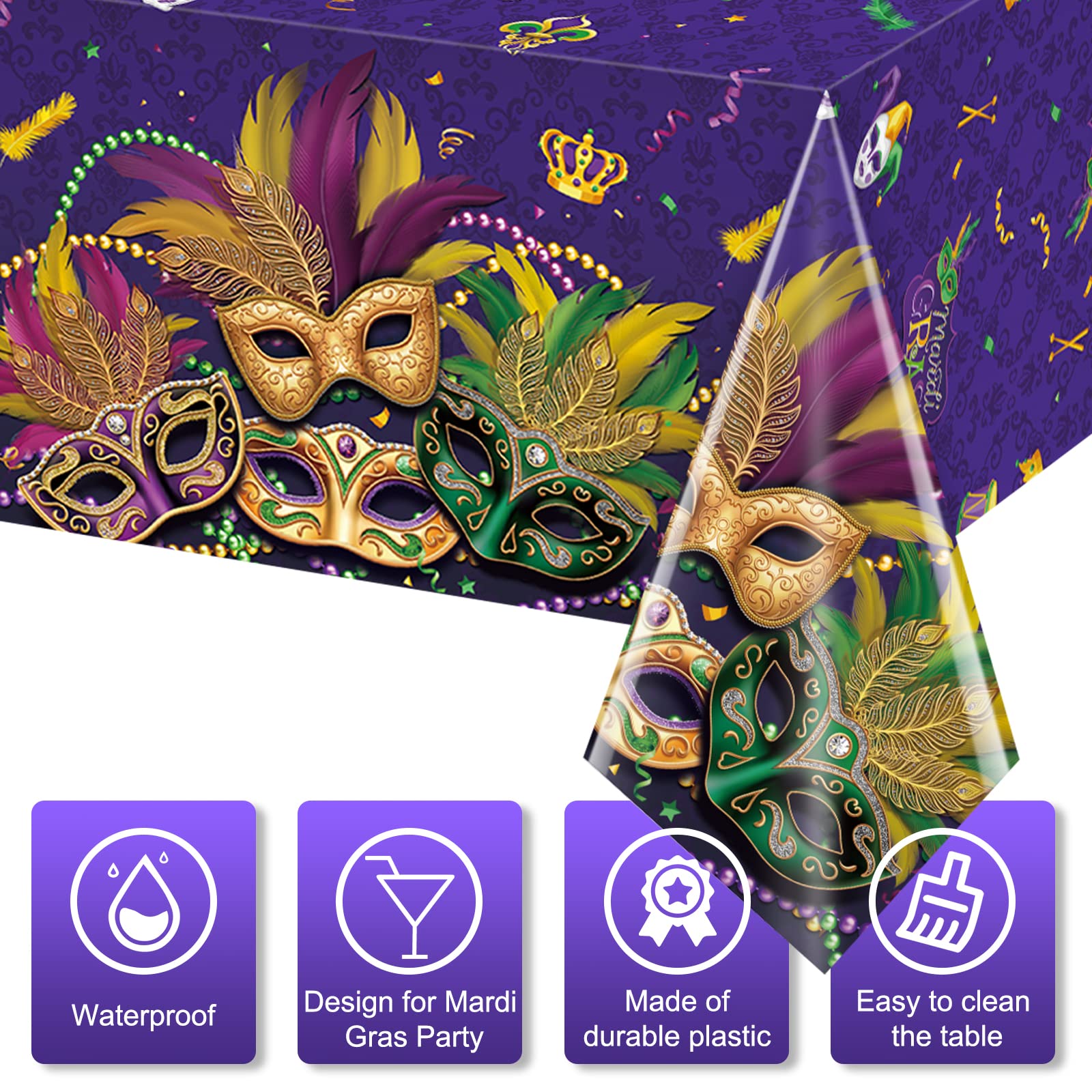 12 Pack Mardi Gras Tablecloth, Masquerade Dancing Party Tablecloth Decorations, Plastic Purple Table Cover Backdrop for Mardi Gras Carnival Party Supplies and Decors, 54 x 108 Inch