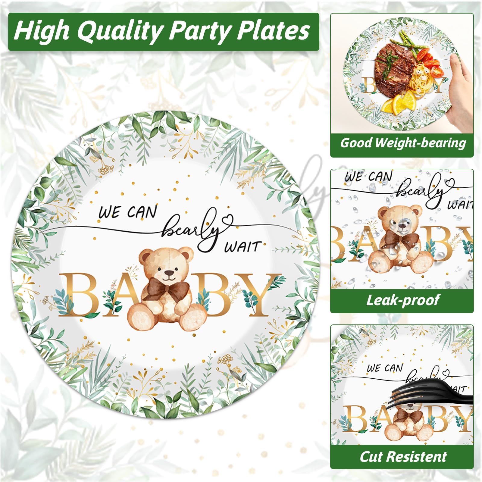 Naozinebi 200PCS Sage Green Bear Baby Shower Decoration Teddy Plates Napkins We Can Bearly Wait Paper Plates Greenery Bear Party Tableware Set for Gender Reveal Neutral Party Decor Supplies Serves 50