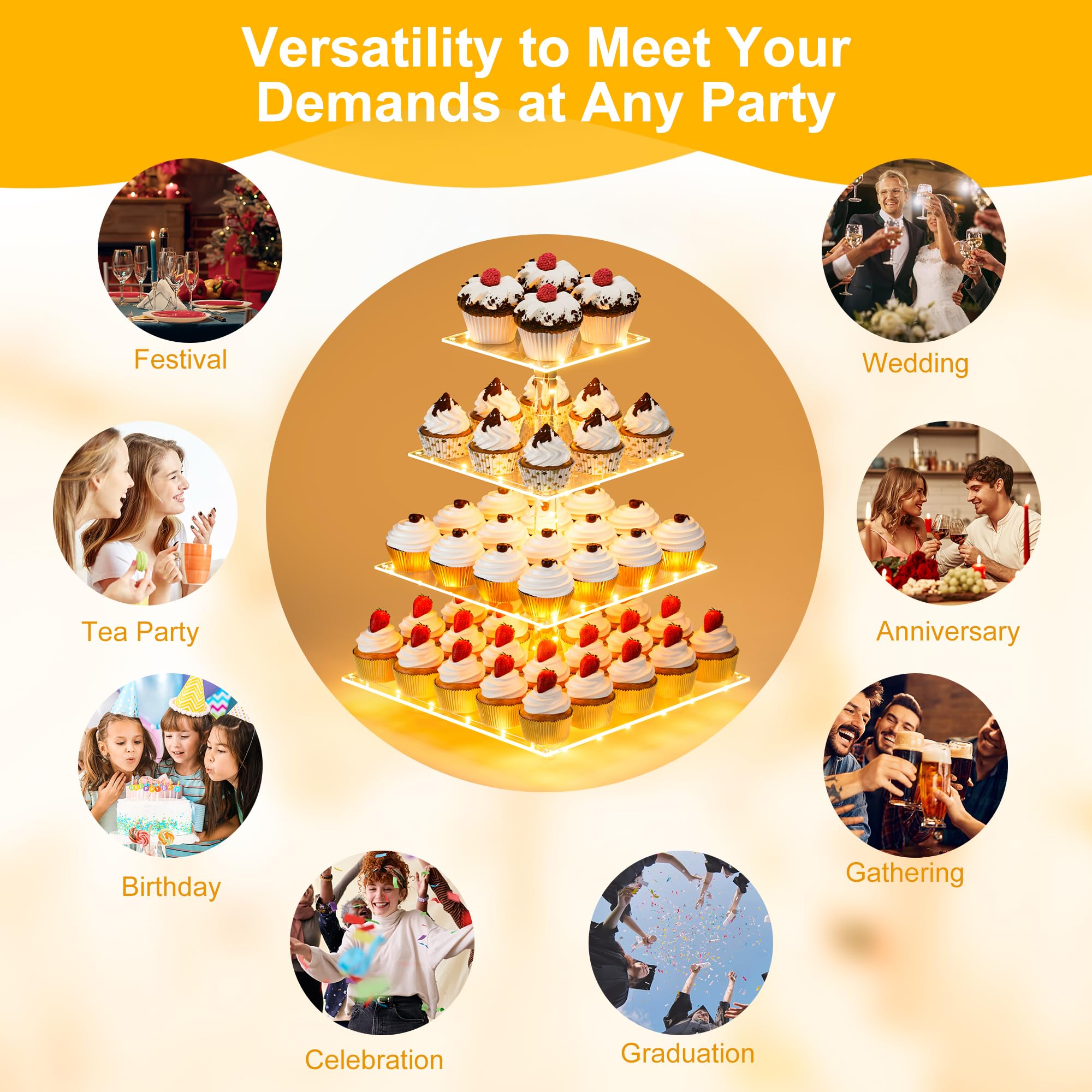 YestBuy Cupcake Stand with Yellow LED Lights, 4 Tier Cupcake Stand for 50 Cupcakes, Acrylic Cupcake Tower Stand, Clear Tiered Cupcake Holder for Birthday Candy Bar Décor Weddings, Parties Events
