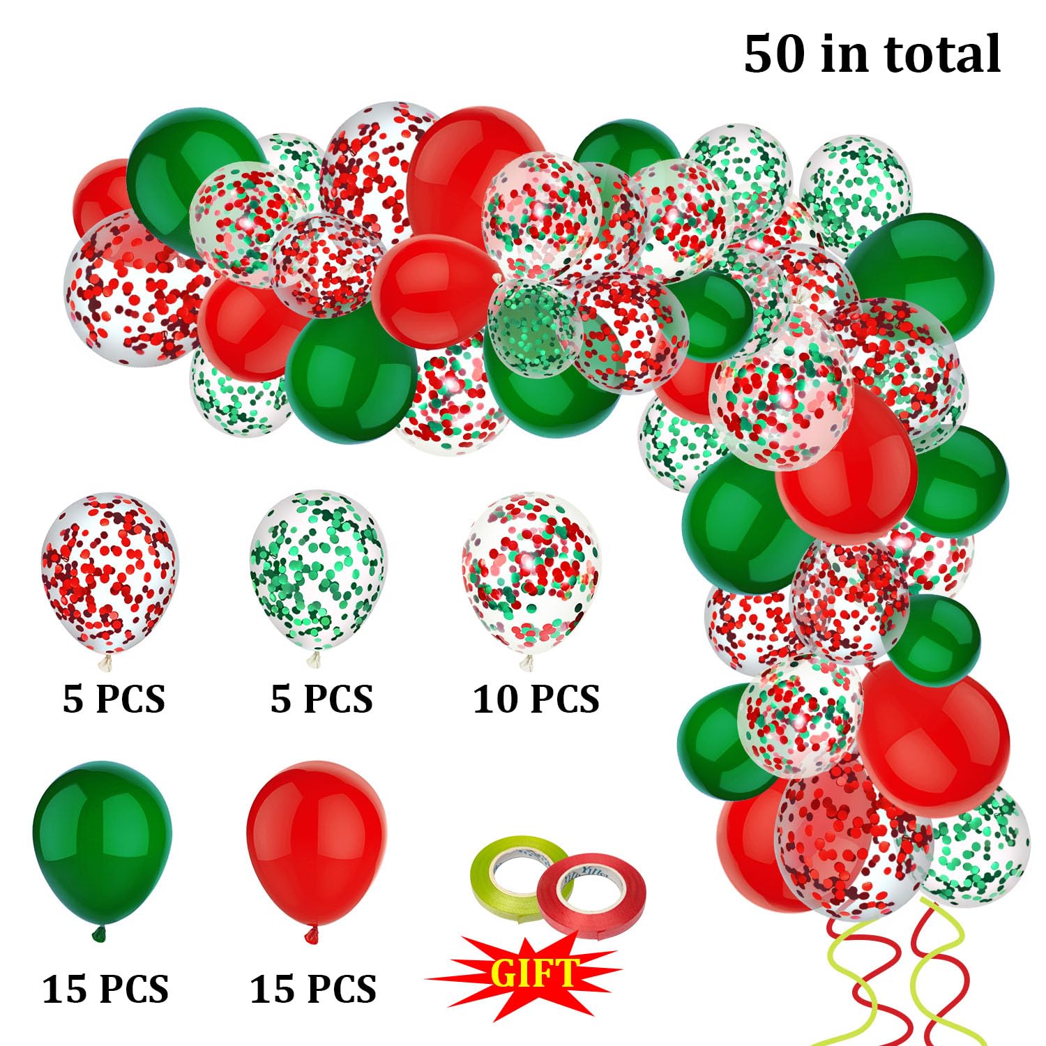 PheiLa 50 Pcs 12 Inch Red and Green Confetti Balloons Christmas Balloons with Ribbons Christmas Party Decorations for Xmas Color Themed Party New Year Baby Shower Birthday Party Supplies