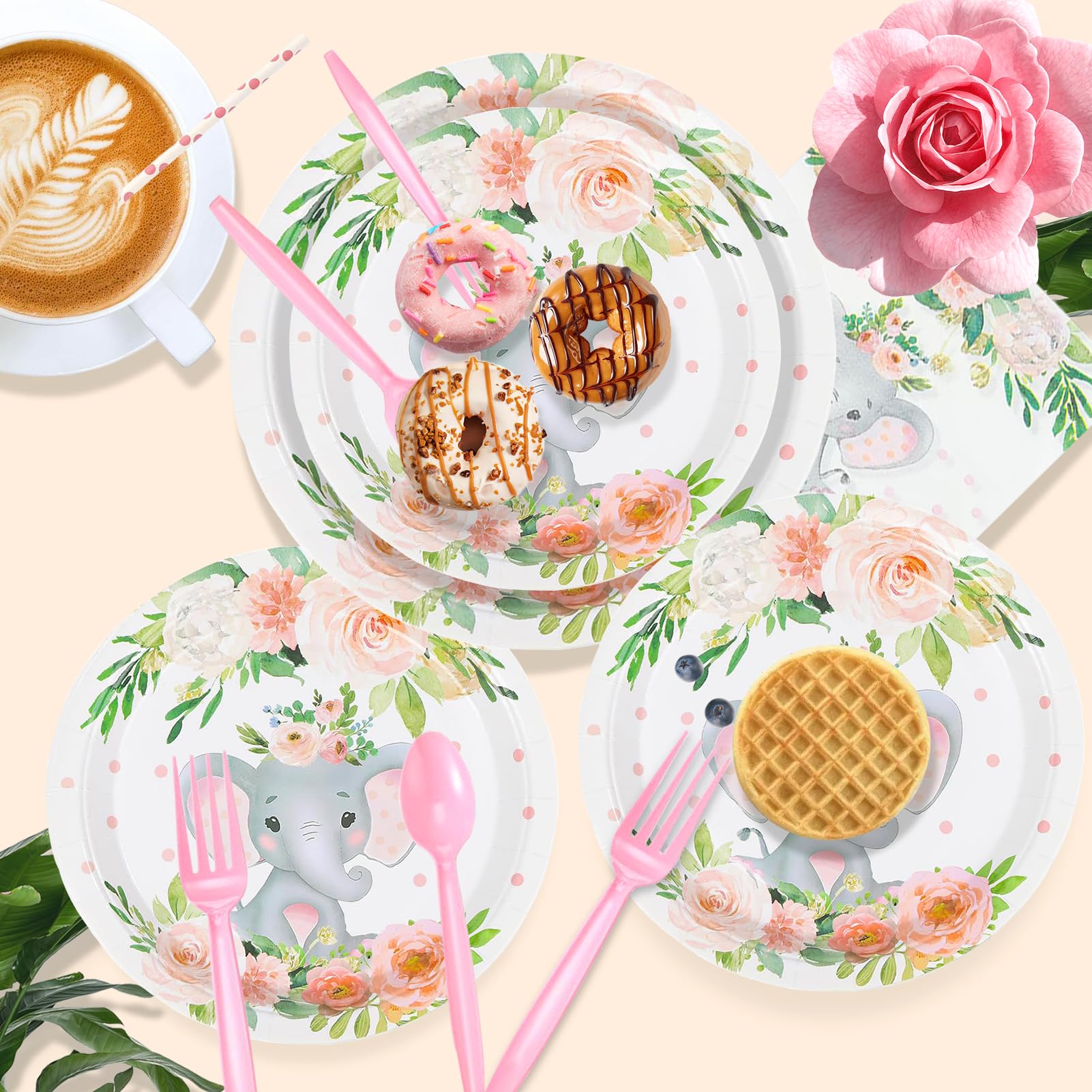 192 Pcs Elephant Baby Shower Plates and Cups and Napkins Sets Serve 24 Guests Pink Elephant Baby Shower Decorations Gender Reveal Themes Party Supplies Decor Birthday Paper Tableware Girl