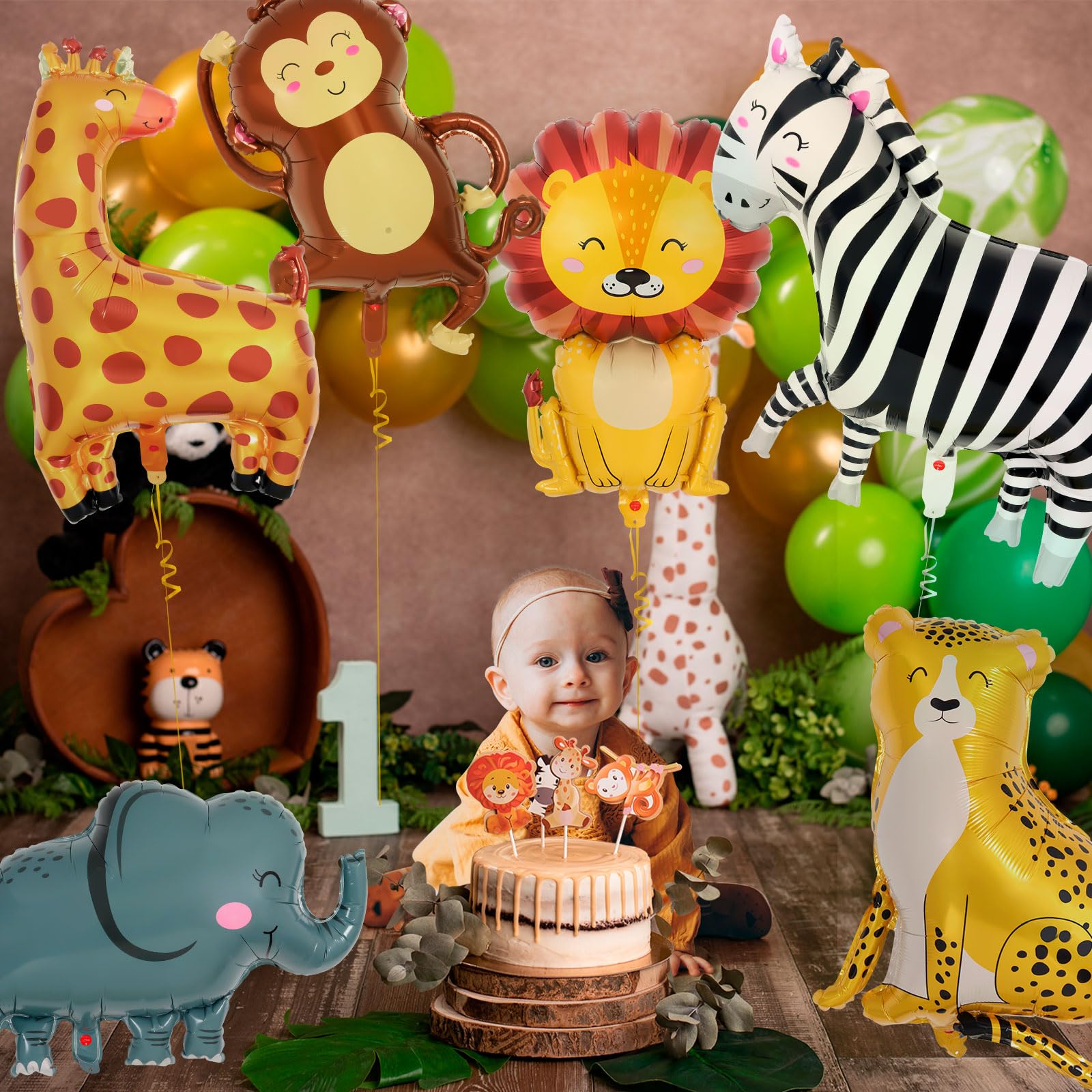 6 Pcs Safari Balloons,Jungle Safari Animals Foil Balloons,Giant Zoo Animal Balloon Zebra Elephant Monkey Lion Giraffe Leopard Shaped Animal Balloon for Zoo Wildlife Theme Birthday Party Decorations