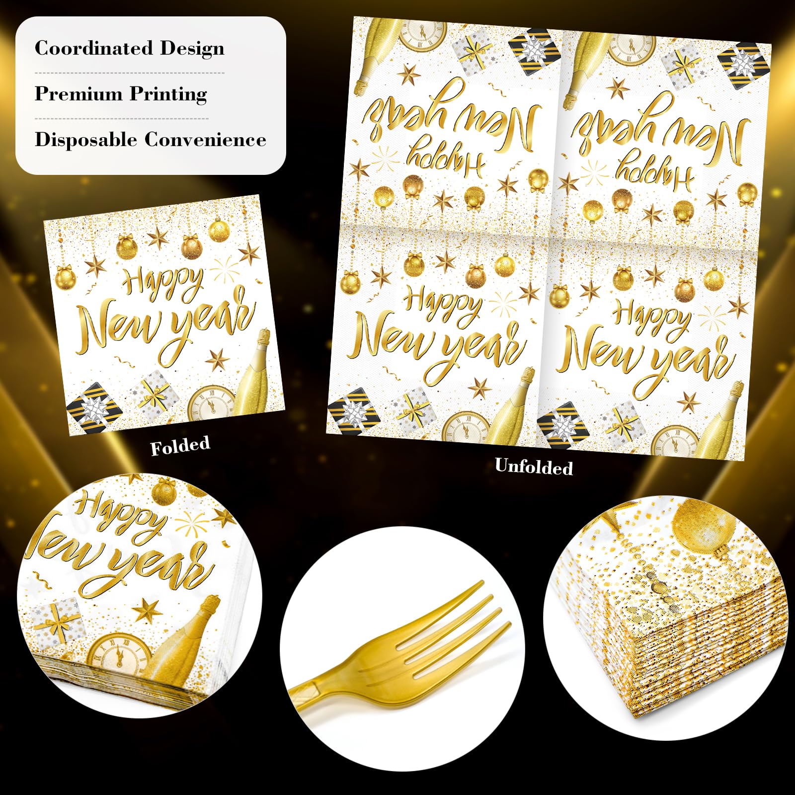PhyLence 100 Pieces Happy New Year 2027 Party Tableware Set – White Gold Disposable 9 Inch and 7 Inch Plates, Napkins and Forks for New Year's Eve Countdown Celebration – Serves 25 Guests