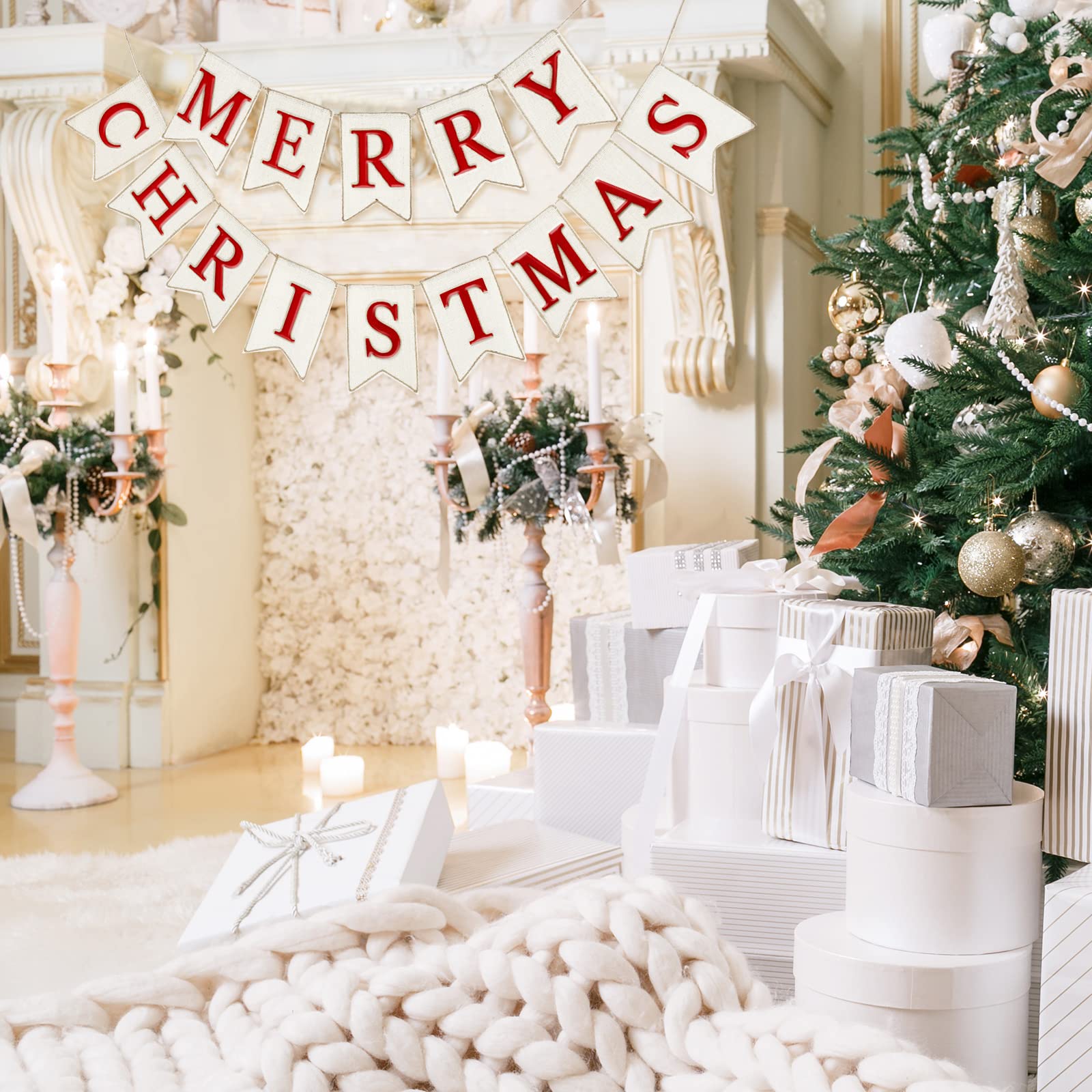 Whaline Christmas Burlap Banner Felt Merry Christmas Banner Pre-Assembled White Red Xmas Bunting Garland Celebration Hanging Decorations for Christmas Party Supplies Home Decoration