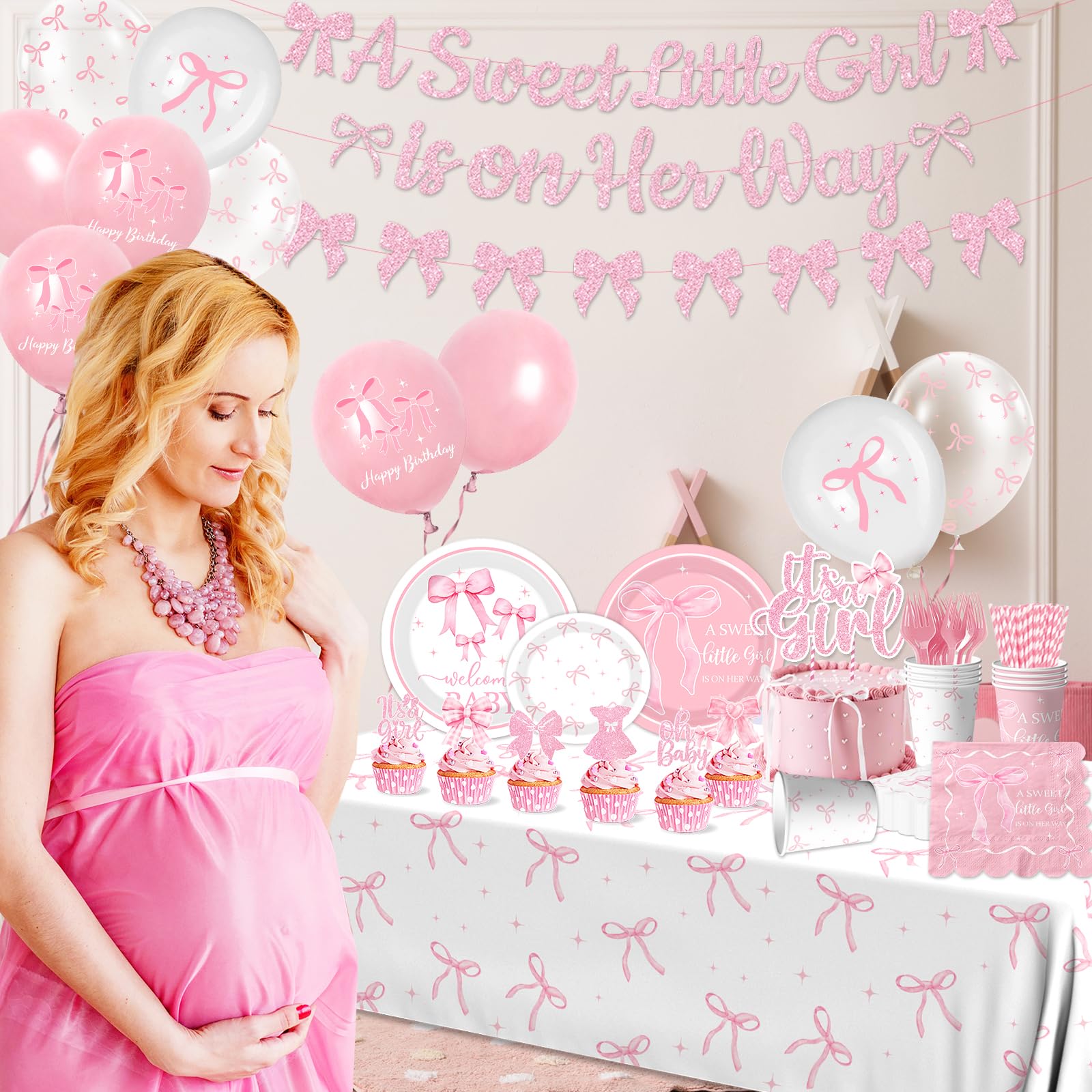 Pink Bow Baby Shower Decorations for Girl,Pink Bow Birthday Party Supplies Include Bow Plate,Napkin,Banner,Cake Topper,Balloons Welcome Baby Girl Decorations for Coquette Bow Party Serves 25