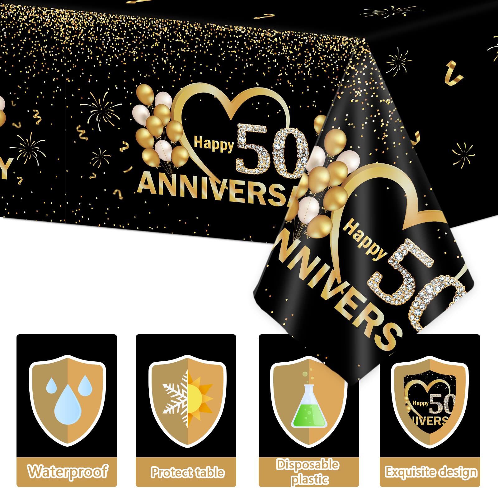 3pcs Happy 50th Anniversary Tablecloths Black Gold Table Covers 50th Wedding Anniversary Party Supplies for Parents Cheer to 50 Years Party Decorations and Plastic Disposable Favors,108*54 inch