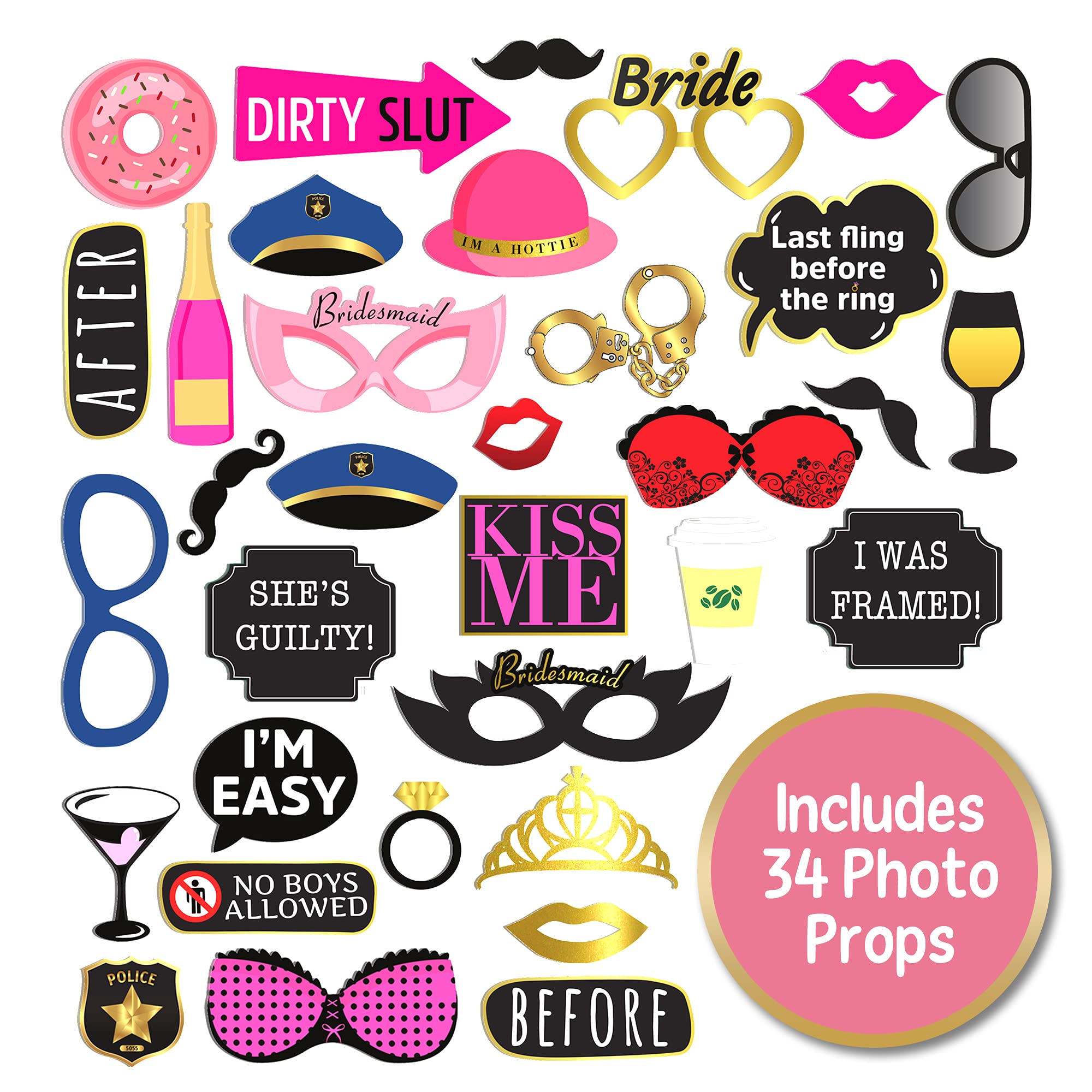 40 Bachelorette Mugshot Signs Plus 34 Photo Booth Props for Engagement & Bachelorette Party Bridal Shower Props - Game and Activity Instructions Included - Party Supply for Birthdays,Stagettes & More