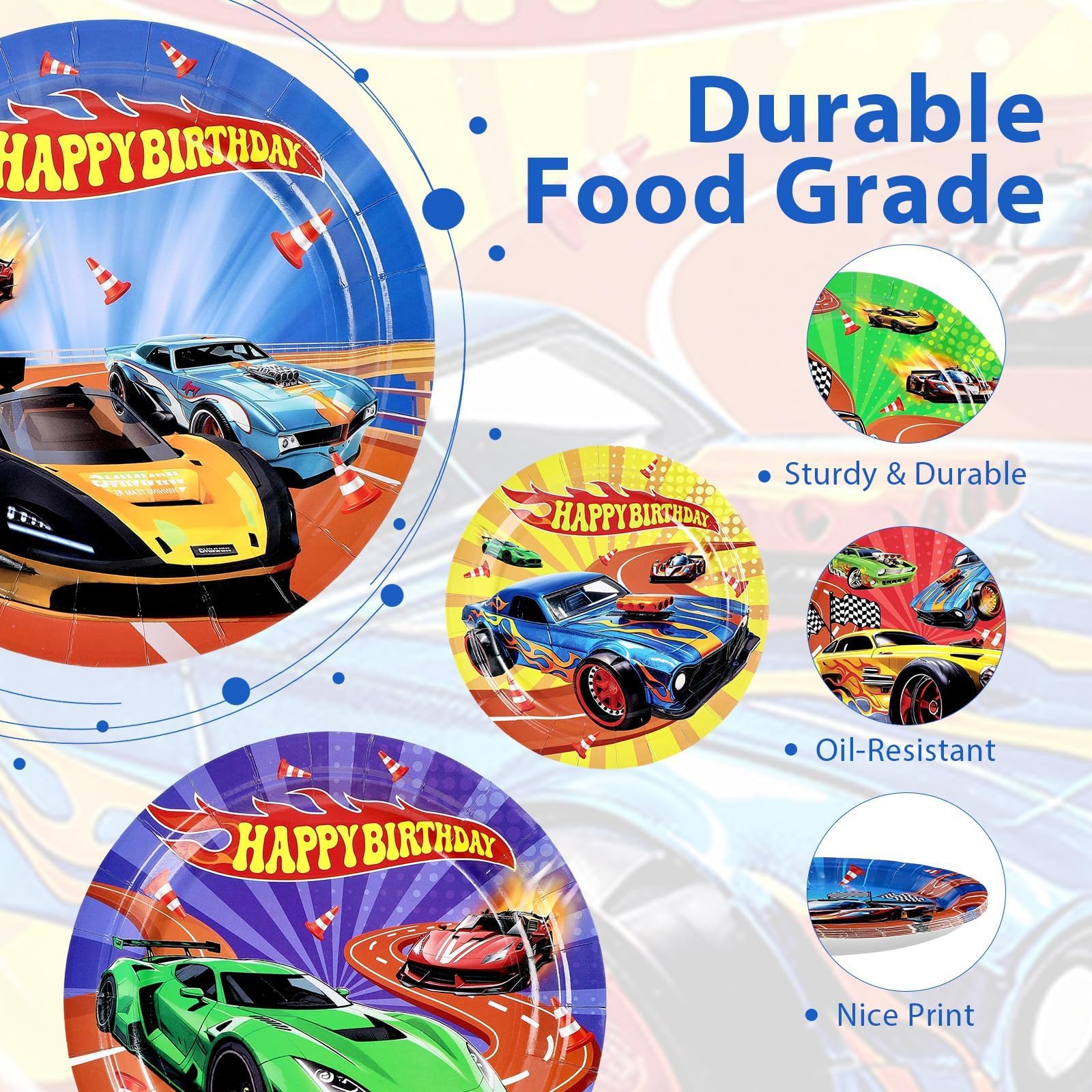 Grencian 60Pcs Hot Car Birthday Party Paper Plates 9" Heavy Duty Disposable Racing Car Dessert Platters Plates Hot Cars Decorations for Boys Kids Birthday Race Sports Game Themed Party Decoration