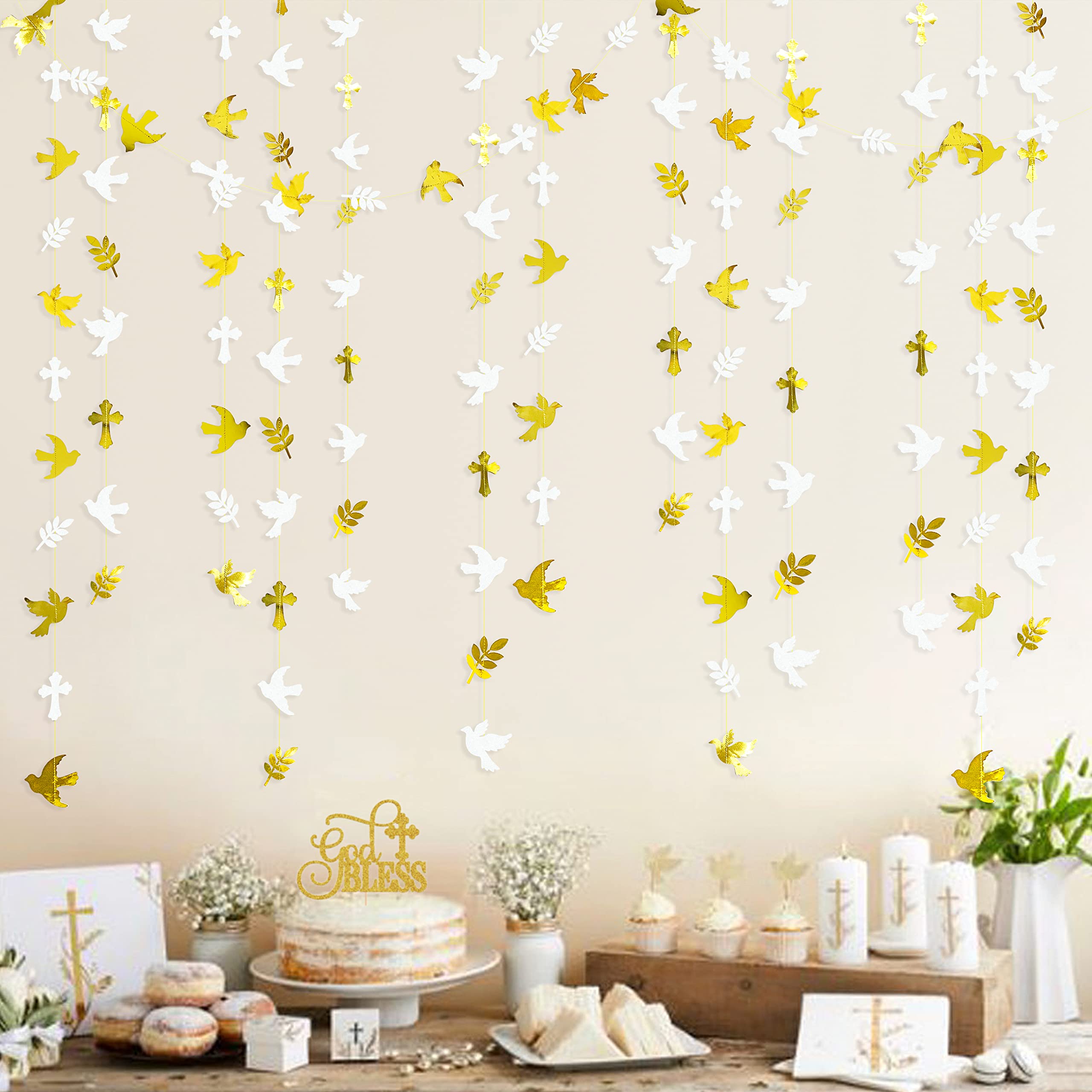 40Ft Gold and White Peace Doves Olive Leaf Cross Paper Garland Streamer for Spring Wedding Bridal Shower Birthday Engagement First Holy Communion Religious Christian Baptism Tea Party Decorations