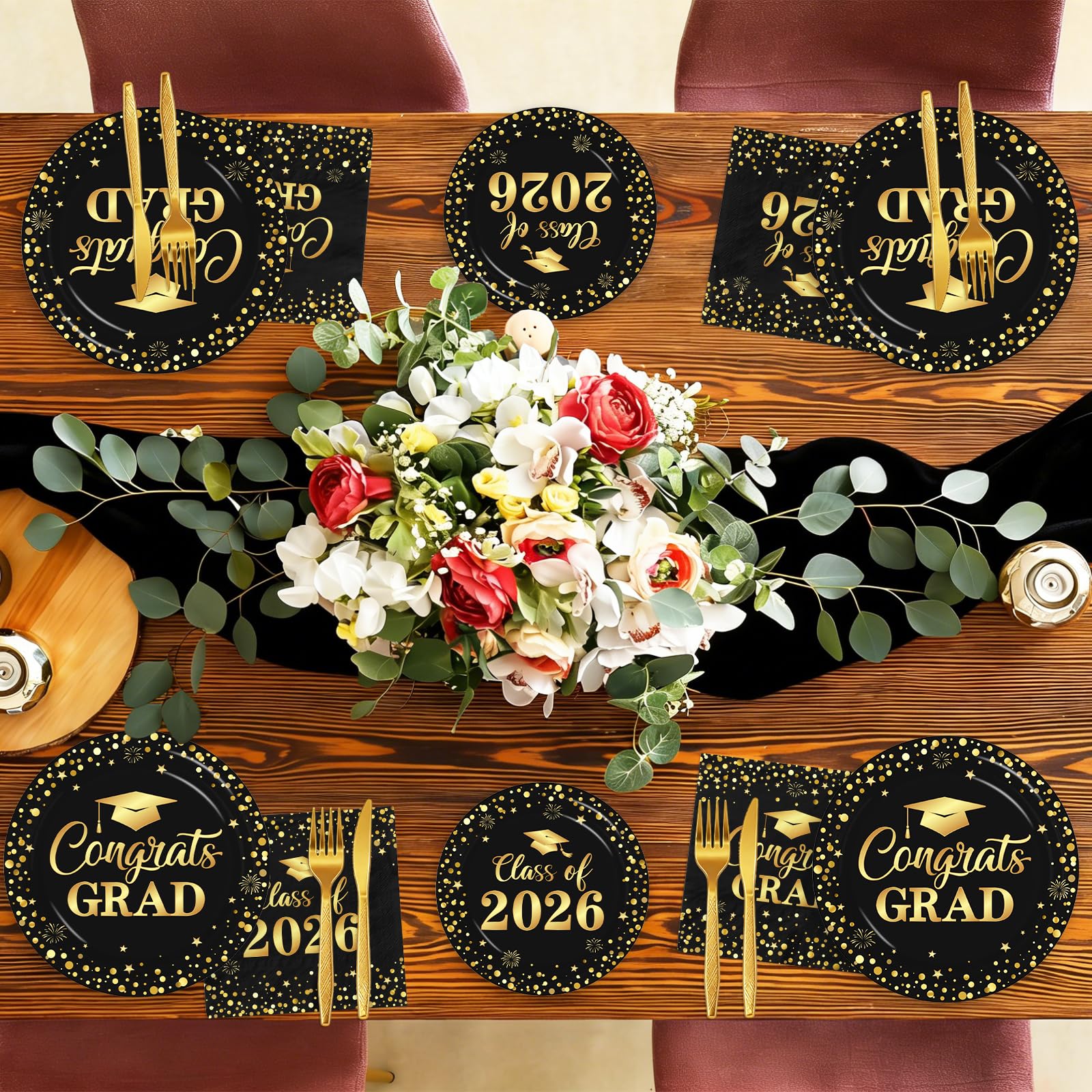 Graduation Plates and Napkins 2026, Black and Gold Graduation Decorations, Disposable Congrats Grad Paper Plates Napkins Cups for Class of 2026 Party Supplies, Serve 25