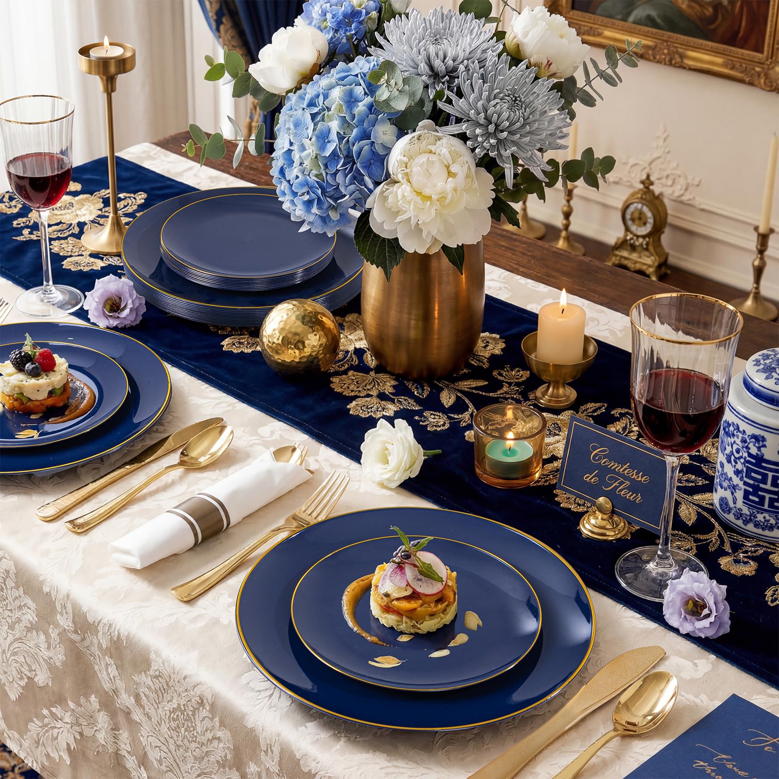 KIRE 175Pcs Blue Plastic Plates - Navy Blue Plates Disposable - 25 for Dinner 25 for Dessert 25 Pre Rolled Napkins with Gold Plastic Silverware and 25 Cups for Wedding/Party/Hanukkah/Christmas