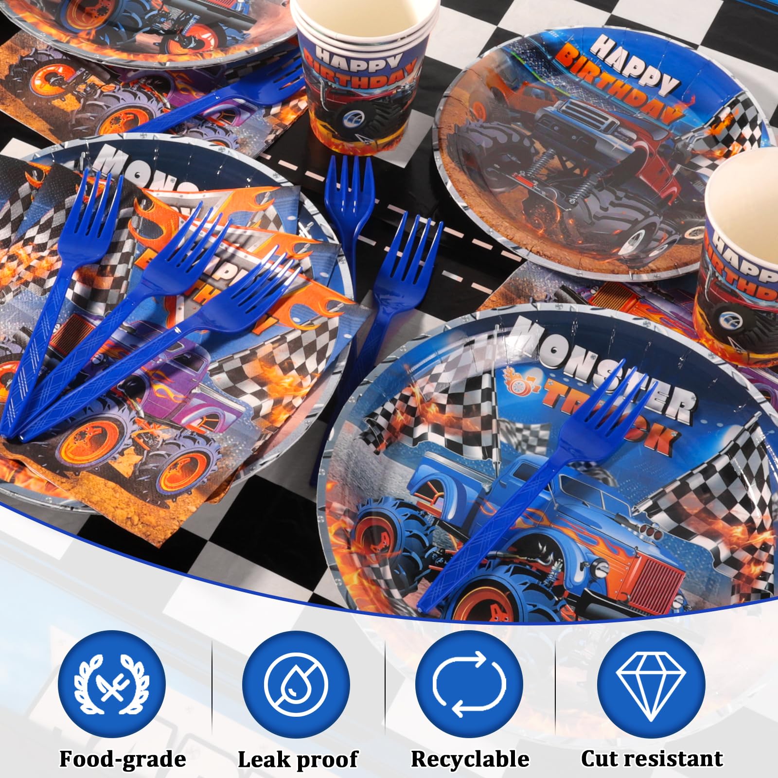 Monster Truck Birthday Party Decorations Tableware, Machines Jam Birthday Party Supplies Serve 24 with Balloons Plates and Napkins for Boys