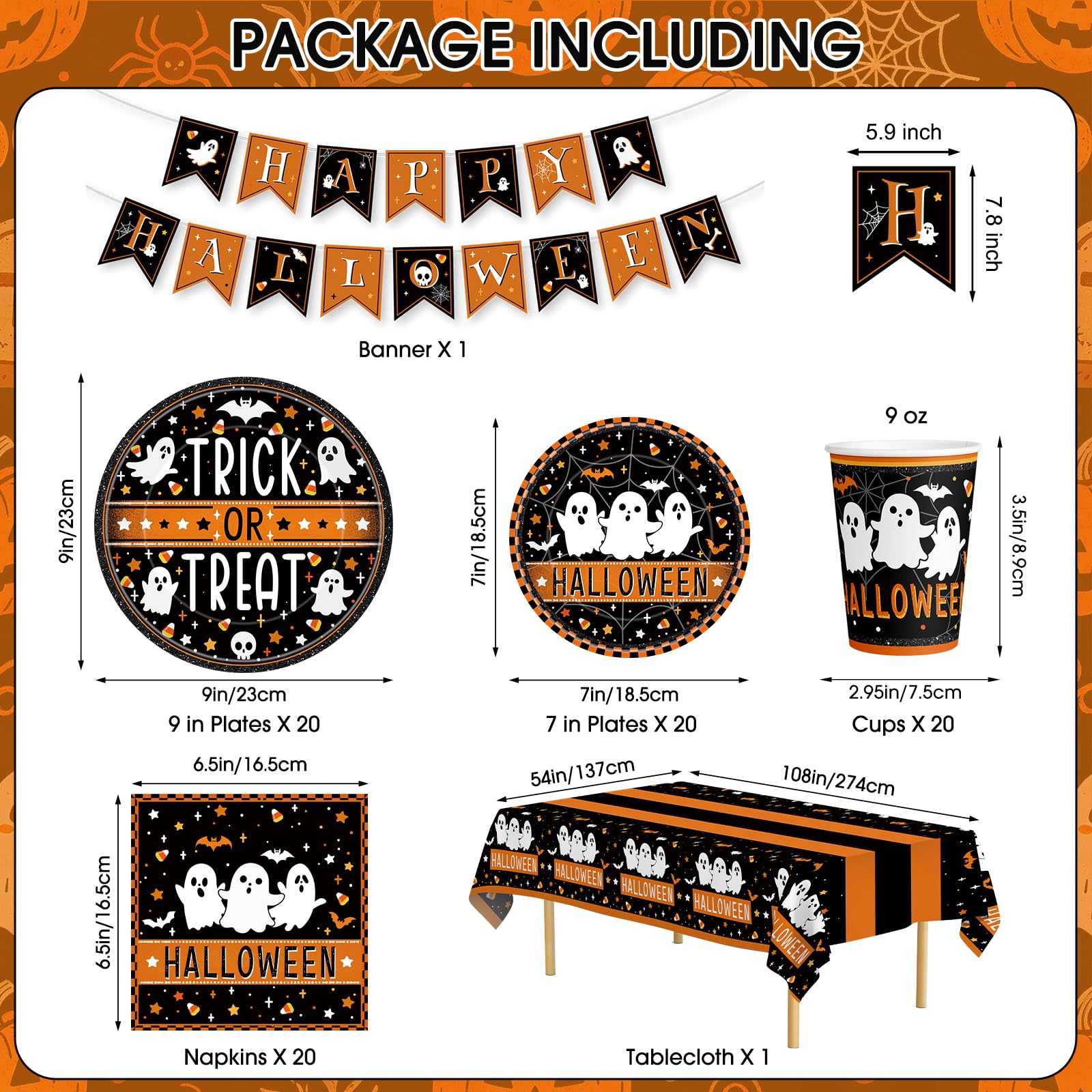 82 Pcs Halloween Plates and Napkins - Disposable Halloween Ghost Paper Plates Napkins Cups Tablecloth Banner Tableware Set for Halloween Party Decorations Supplies, Serve20