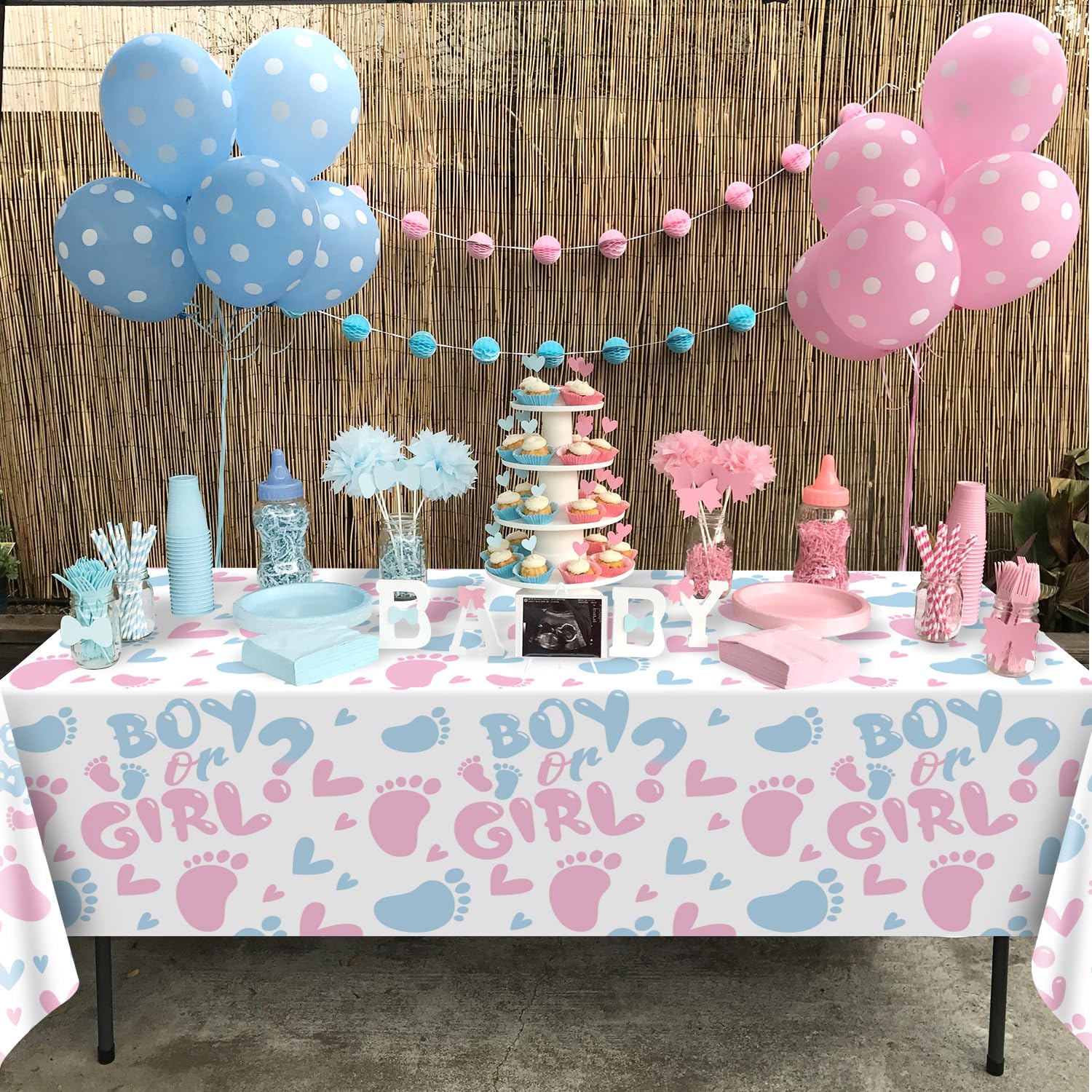 XJLANTTE 2Pcs Gender Reveal Tablecloth - Boy or Girl Table Decorations Rectangular Pink and Blue Table Cover for Baby Shower Decorations, Gender Reveal Boy or Girl Party Supplies, 51 x 86.6 Inch