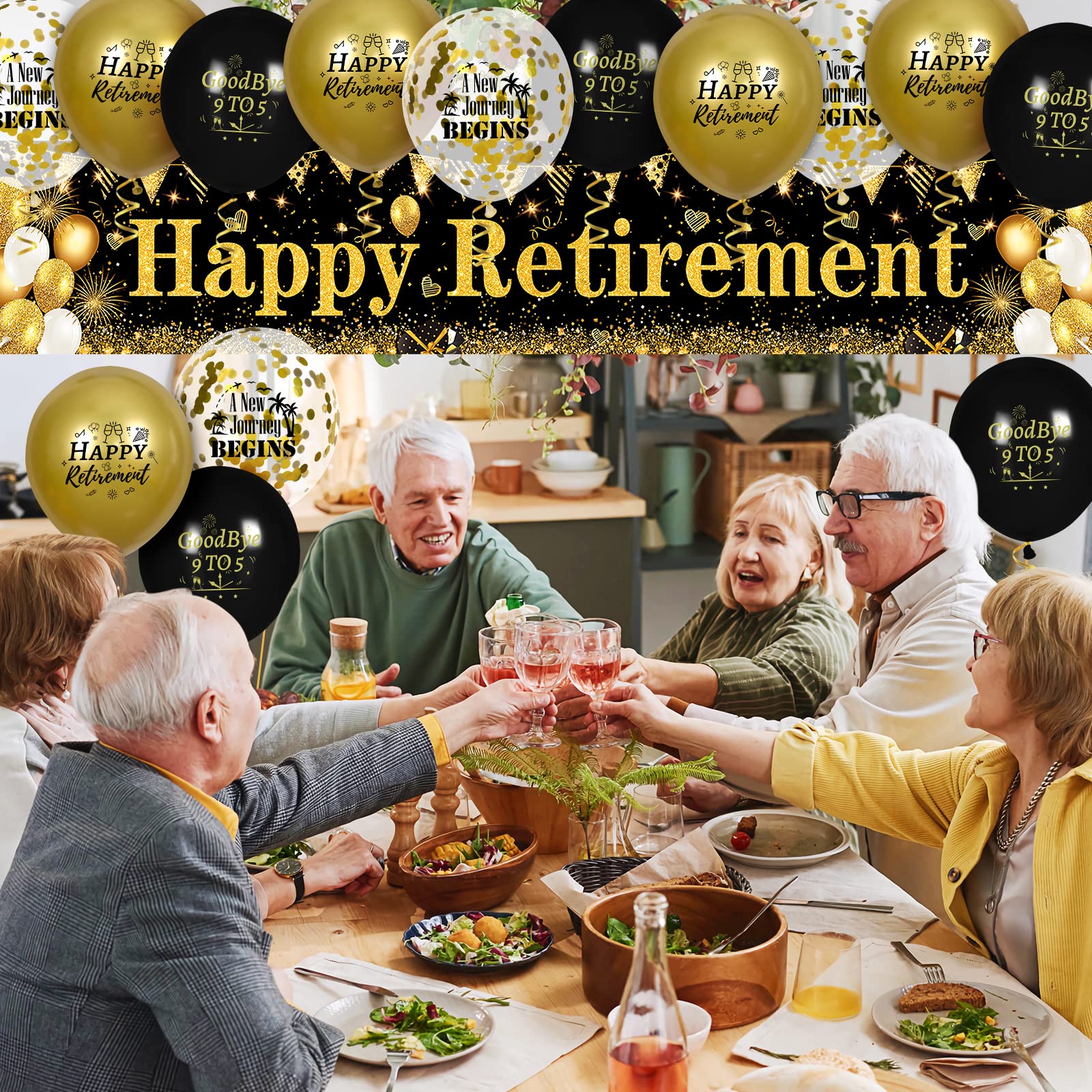Retirement Party Decorations Black Gold Happy Retirement Banner and 18pcs Balloons for Men and Women Large Black Gold Retire Yard Sign for Party Supplies