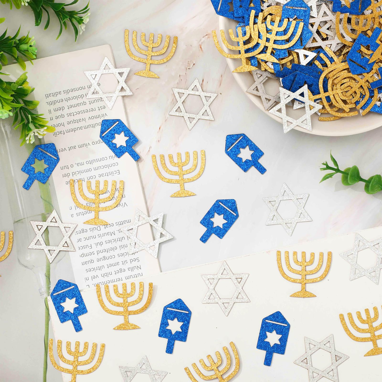 Whaline 300 Pcs Hanukkah Table Confetti Menorah Star Dreidel Shaped Glitter Confetti Blue Gold Silver Table Centerpiece For Chanukah Party Decoration