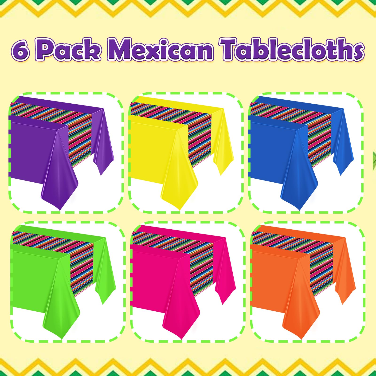 6 Pcs Mexican Fiesta Plastic Tablecloth, Rectangle Disposable Table Cloth Striped Table Cover for Cinco De Mayo Taco Night Fiesta Party Decoration, Mexican Wedding Birthday Home Decor, 108 x 54 Inch