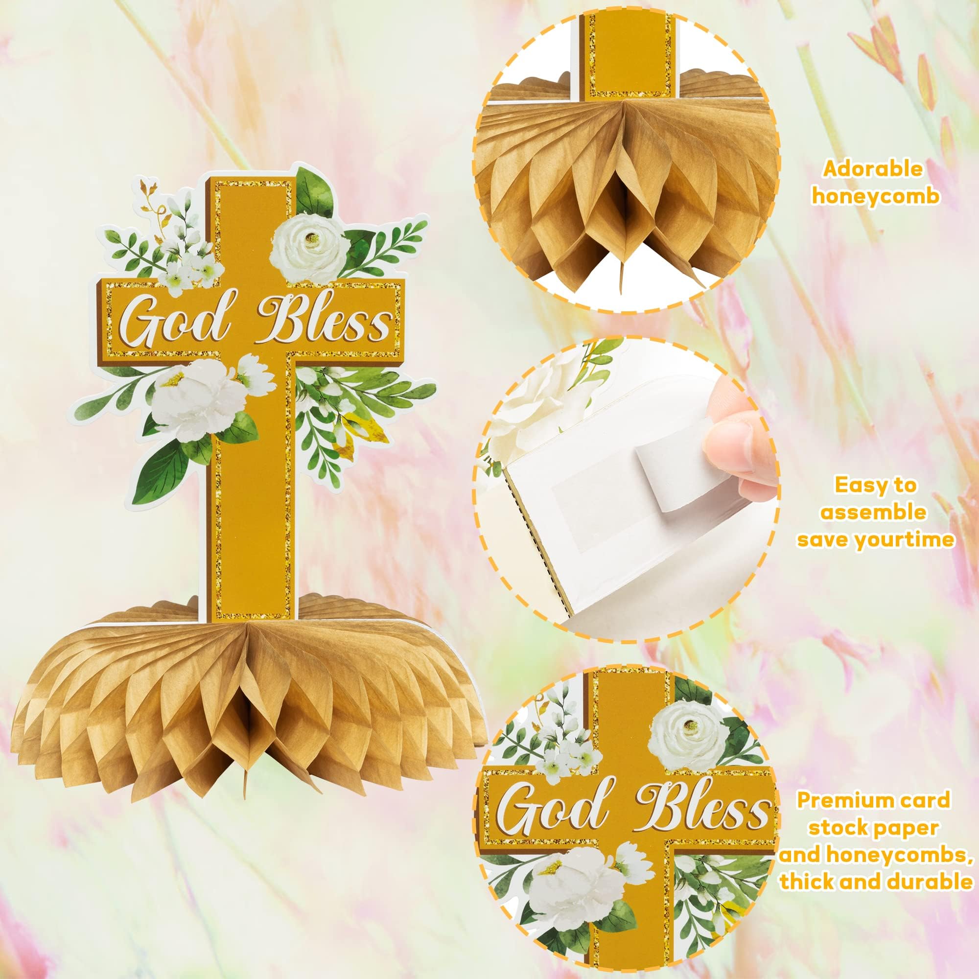 ANGOLIO White Gold Floral Honeycomb Centerpieces - 12Pcs Cross Rose Greenery God Bless Baptism Party Decoration Baby Shower First Communion Birthday Party Supplies for Boy Girl 3D Wedding Table Topper