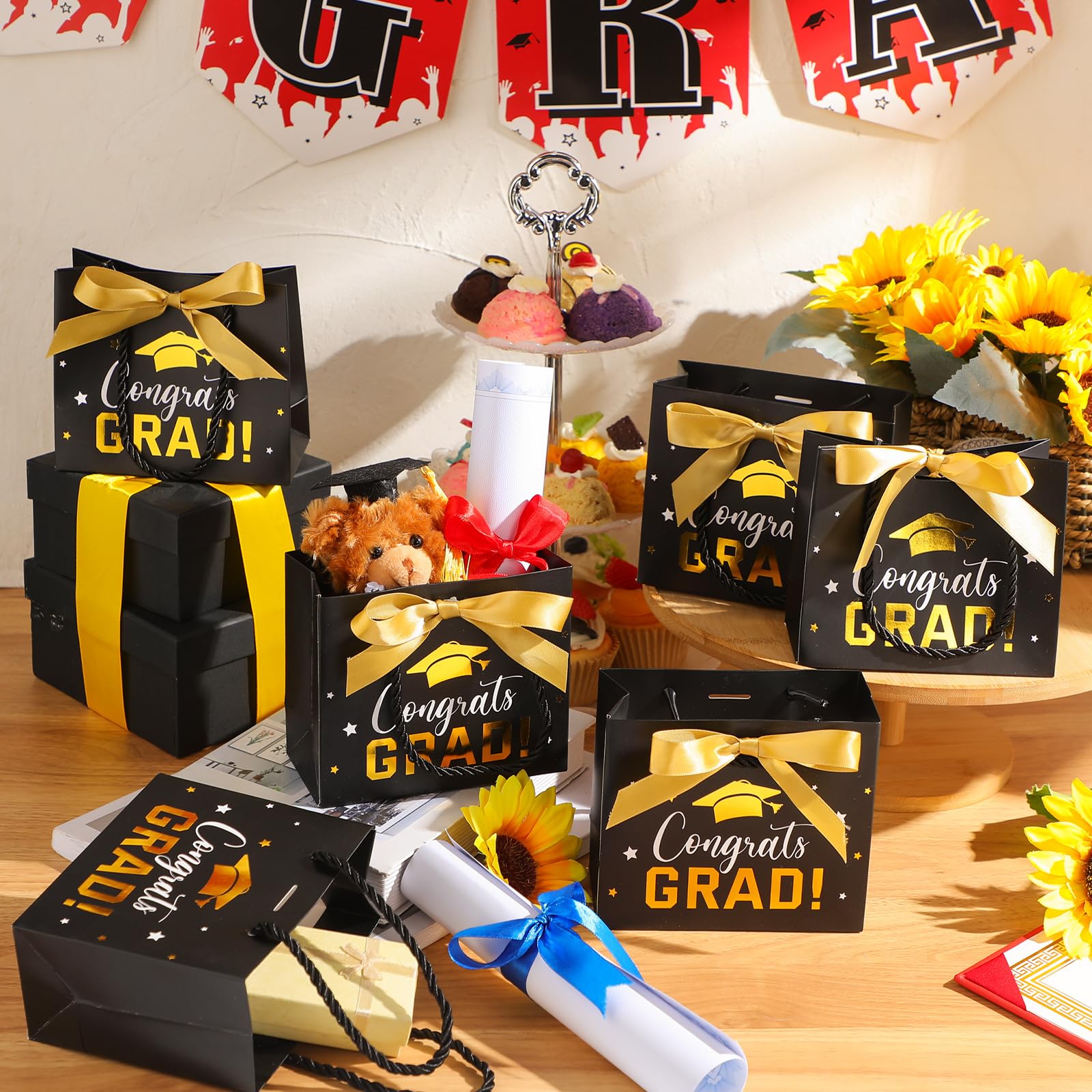 Jetec 45 Pack 2026 Graduation Gift Bags Bulk Small Congrats Bags with Handle and Bow Ribbon 5.5 x 4.7 x 2.5 Inch Grad Paper Treat Gifts Party Favor Supplies for College High School(Black Gold)