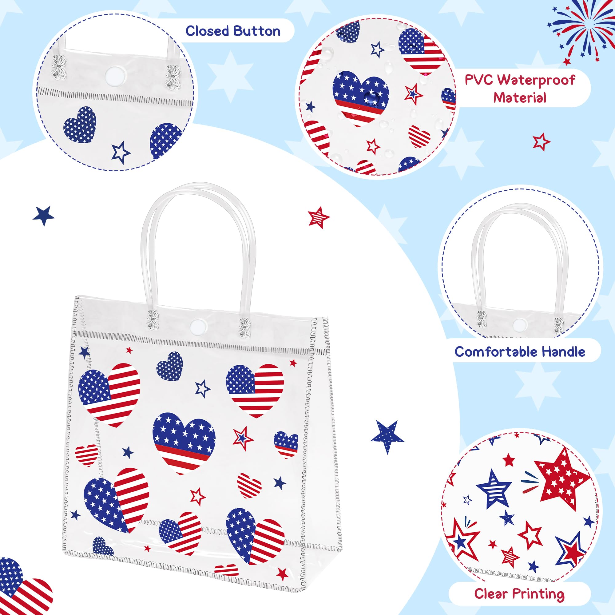 H1vojoxo 250 Years Patriotic Gift Bags - 24PCS 4th of July Clear PVC Gift Bags with Handle 7.9 x 3.2 x 7.9 Inches American Goodie Treat Snack Candy Gifts Bag Independence Day Memorial Day Party Favors