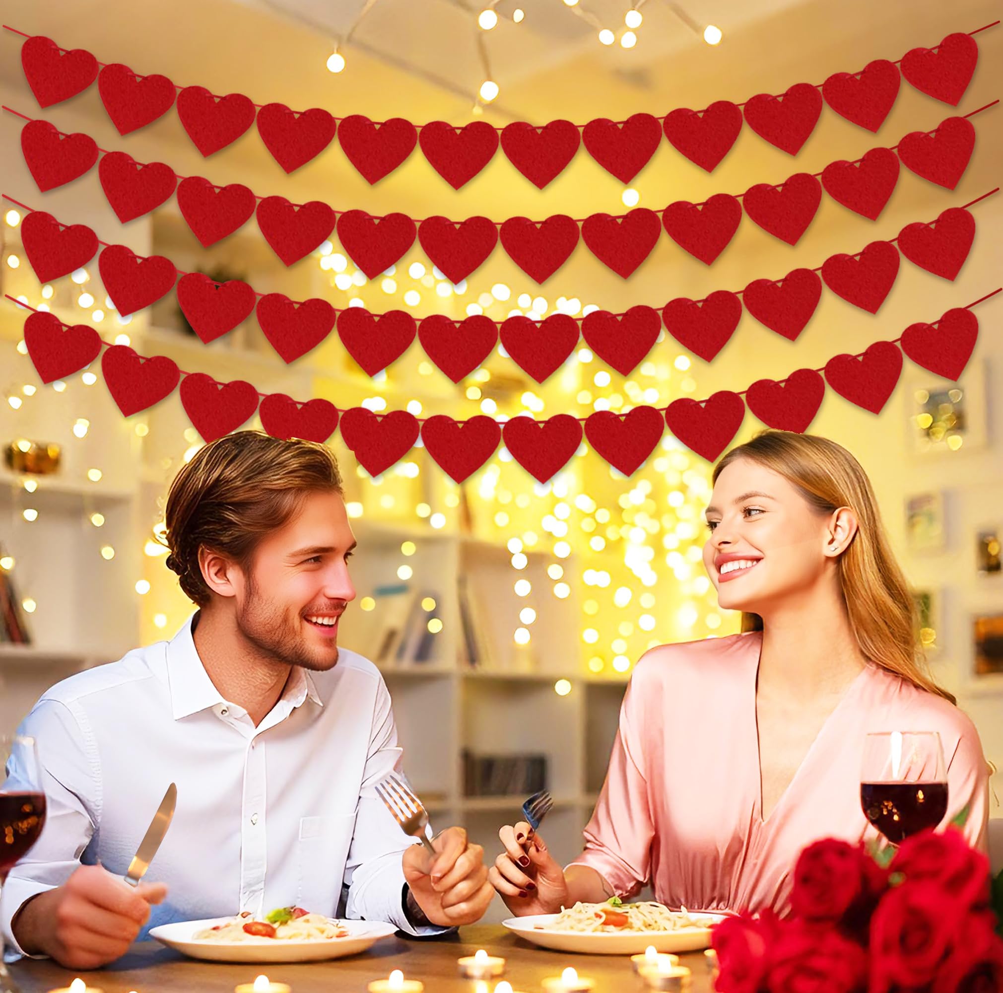 4Pcs Valentines Day Decorations Red Felt Heart Garland Banner, Pre-Strung, 48 Hearts Valentines Banner for Outdoor Indoor Home Valentines Day Decor NO DIY Galentines Day Anniversary Wedding Decoration