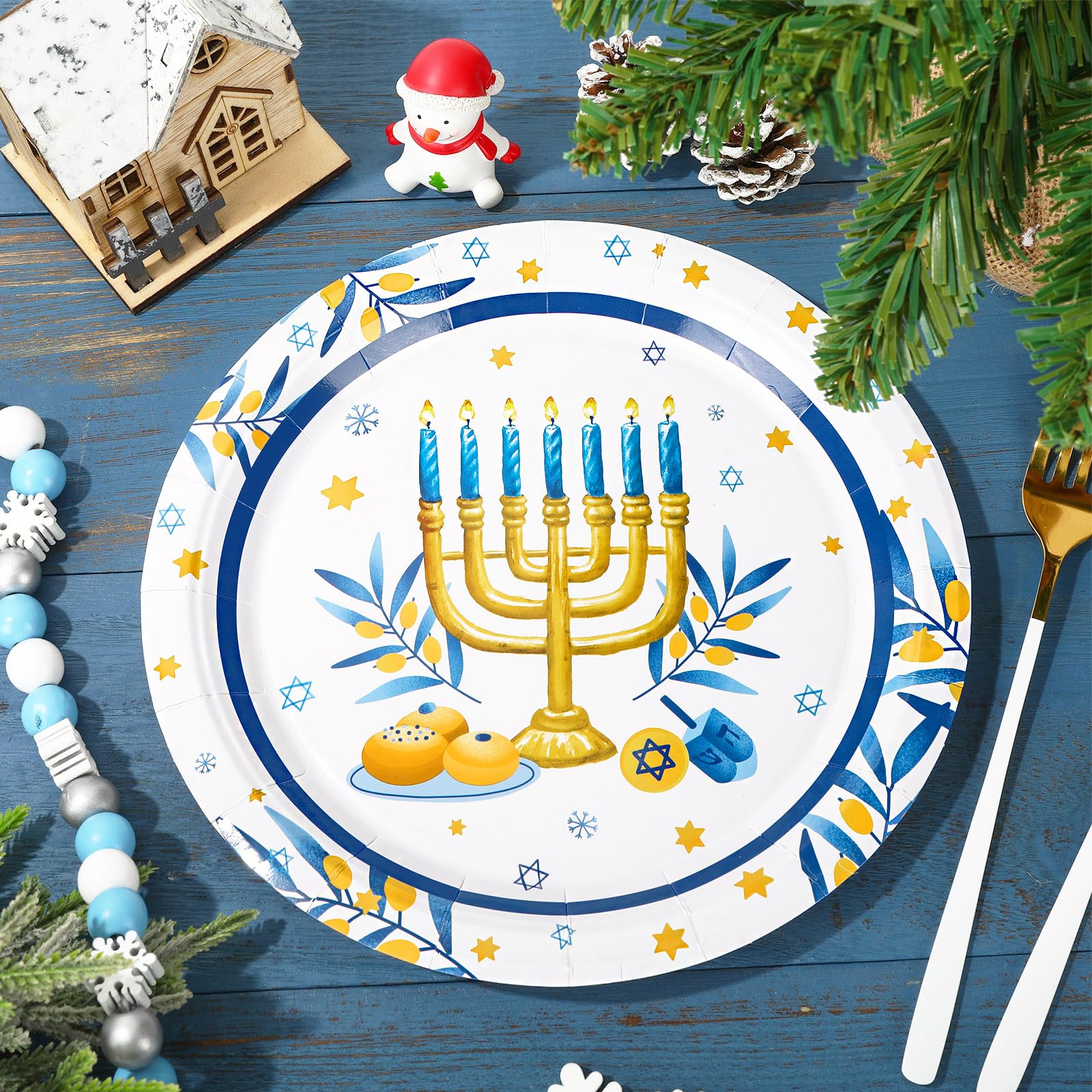 Whaline 24Pcs Hanukkah Paper Plates Menorah Chanukah Disposable Plates Watercolor Blue White Dinner Plates for Winter Holiday Party Supplies Table Decor, 9 Inch