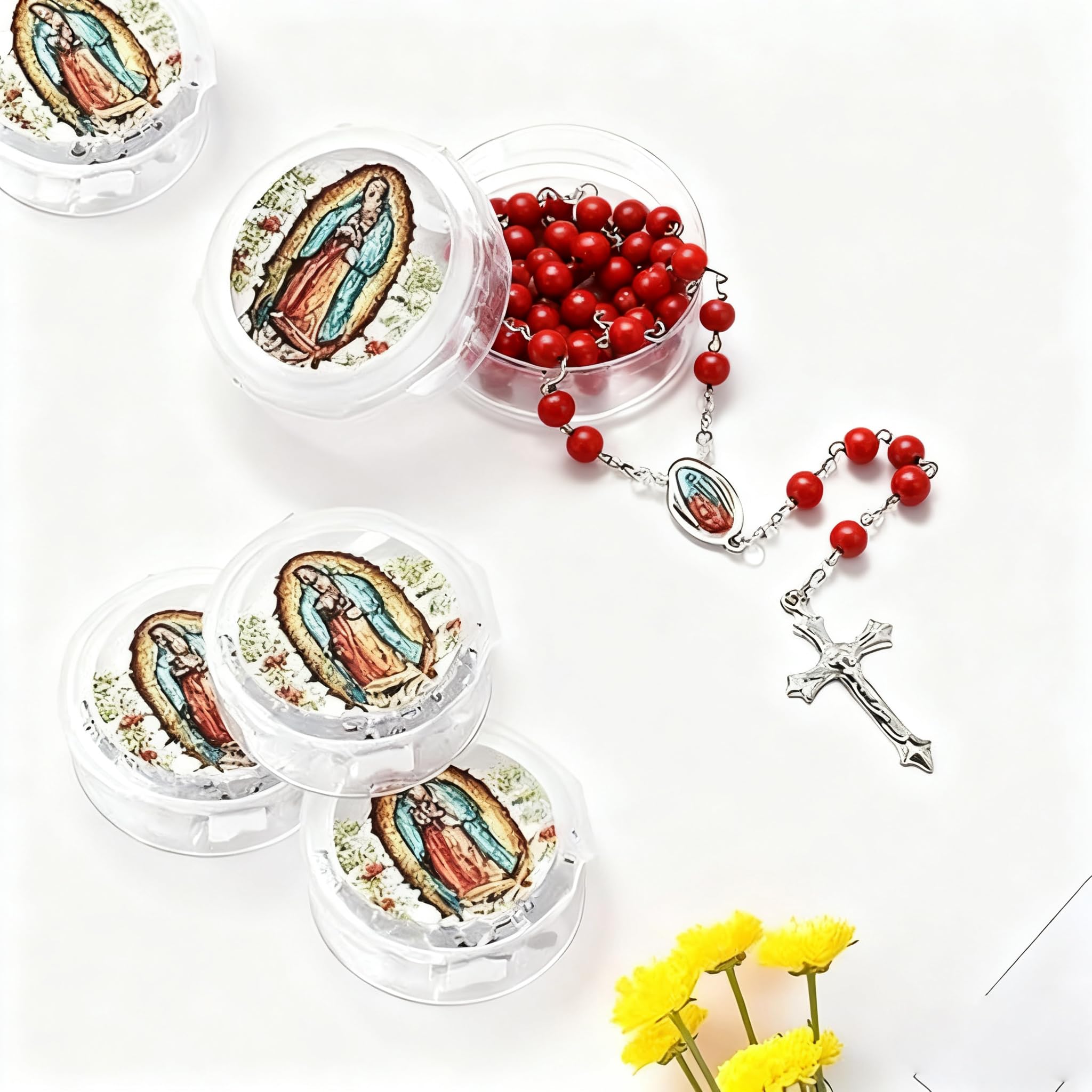 CAYOREPO 48 Pcs Scented Rosary Necklace Set with Gift Box – Wooden Bead Rosary with Crucifix for Women & Men, First Communion, Baptism, Party Favors (Red)