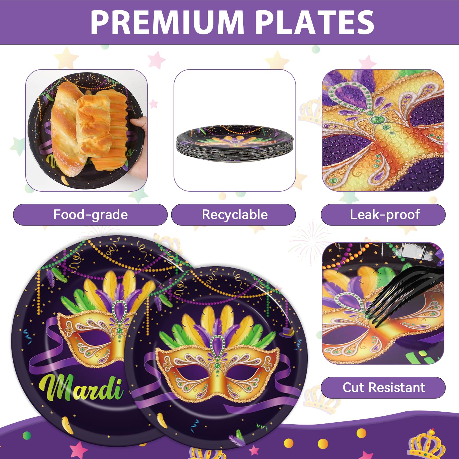 OBUSATT 96Pcs Mardi Gras Party Supplies Mardi Gras Paper Plates Napkins Forks Black Masquerade Mask Dinnerware Disposable New Orleans Party Decorations MardiGrass Tableware Serves 24