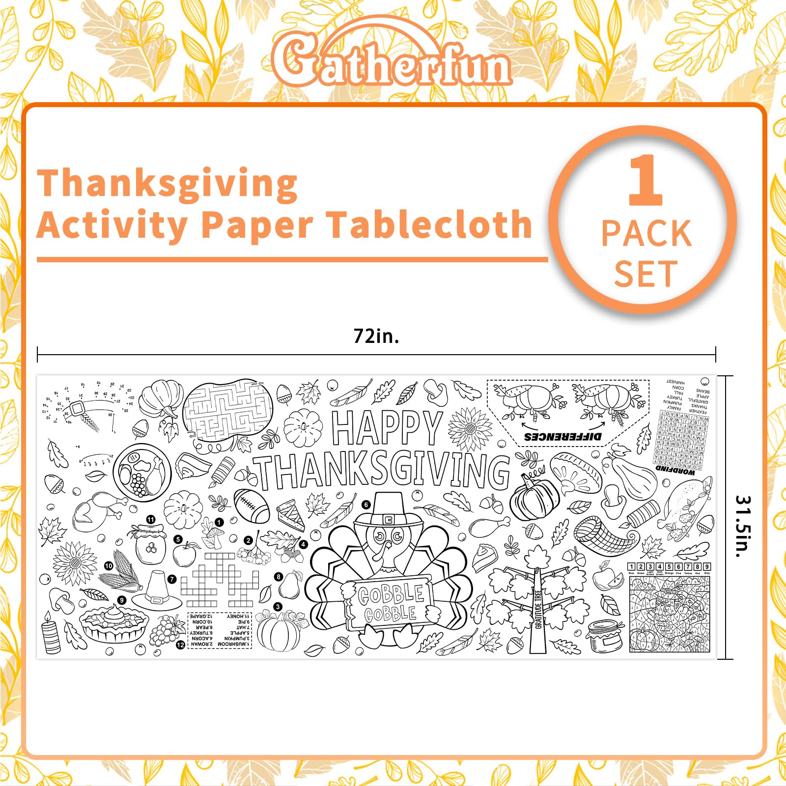 Family Fun Thanksgiving Activity Poster - 31.5 x 72 Inches, Turkey-Themed Thanksgiving Day Party, Versatile Paper Coloring Banner/Table Cover for Fall School Parties and Special Events Decoration