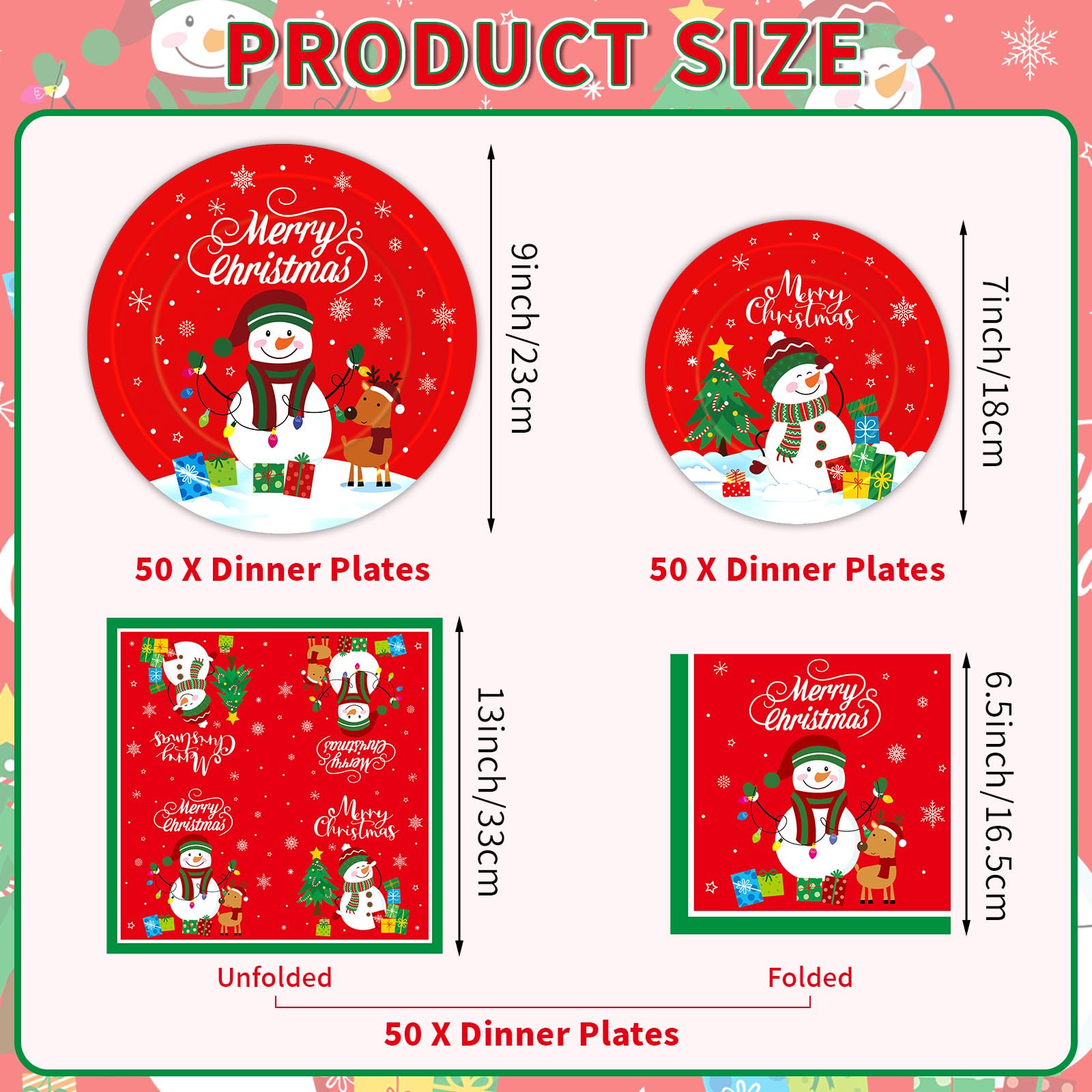 150 Pcs Merry Christmas Plates and Napkins Set - Xmas Paper Plates and Napkins, Snowman Dinner Dessert Plate Napkin Tableware Kit for Winter Christmas Party Supplies Table Decorations, Serve 50