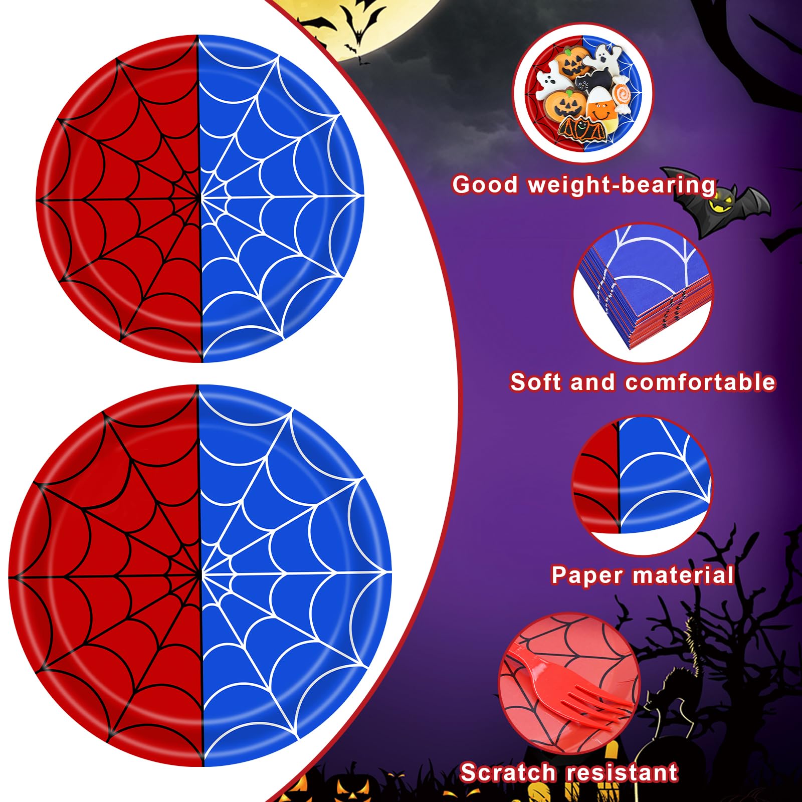 100 Pieces Halloween Spider Web Party Tableware Set – Red Blue Web Plates, Napkins and Forks, Disposable Dinnerware for Boys Birthday and Halloween Party Supplies