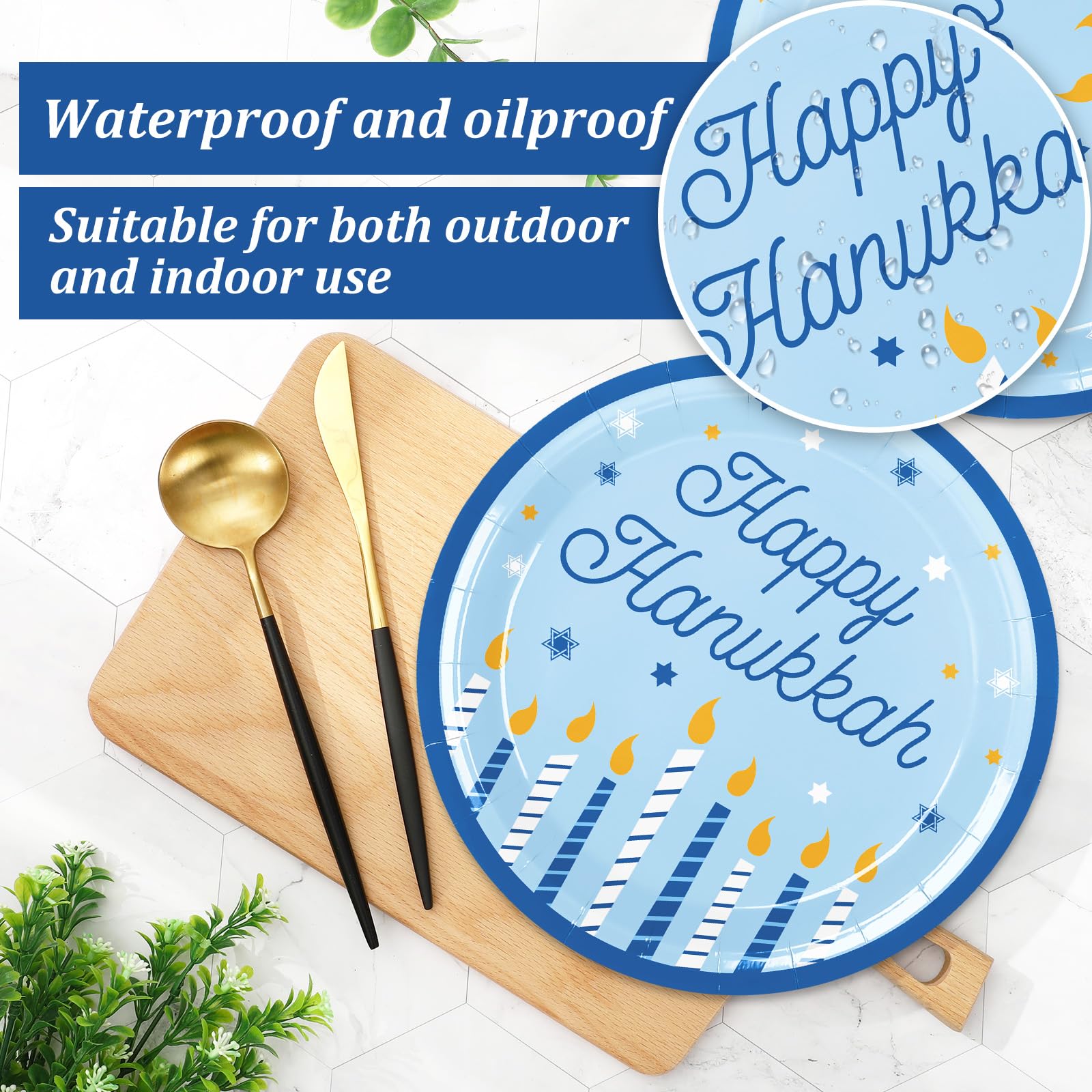 Whaline 24Pcs Happy Hanukkah Paper Plate Blue Candle Star Disposable Dinner Plate Chanukah Tableware Plates for Party Supplies Table Decor, 9 Inch