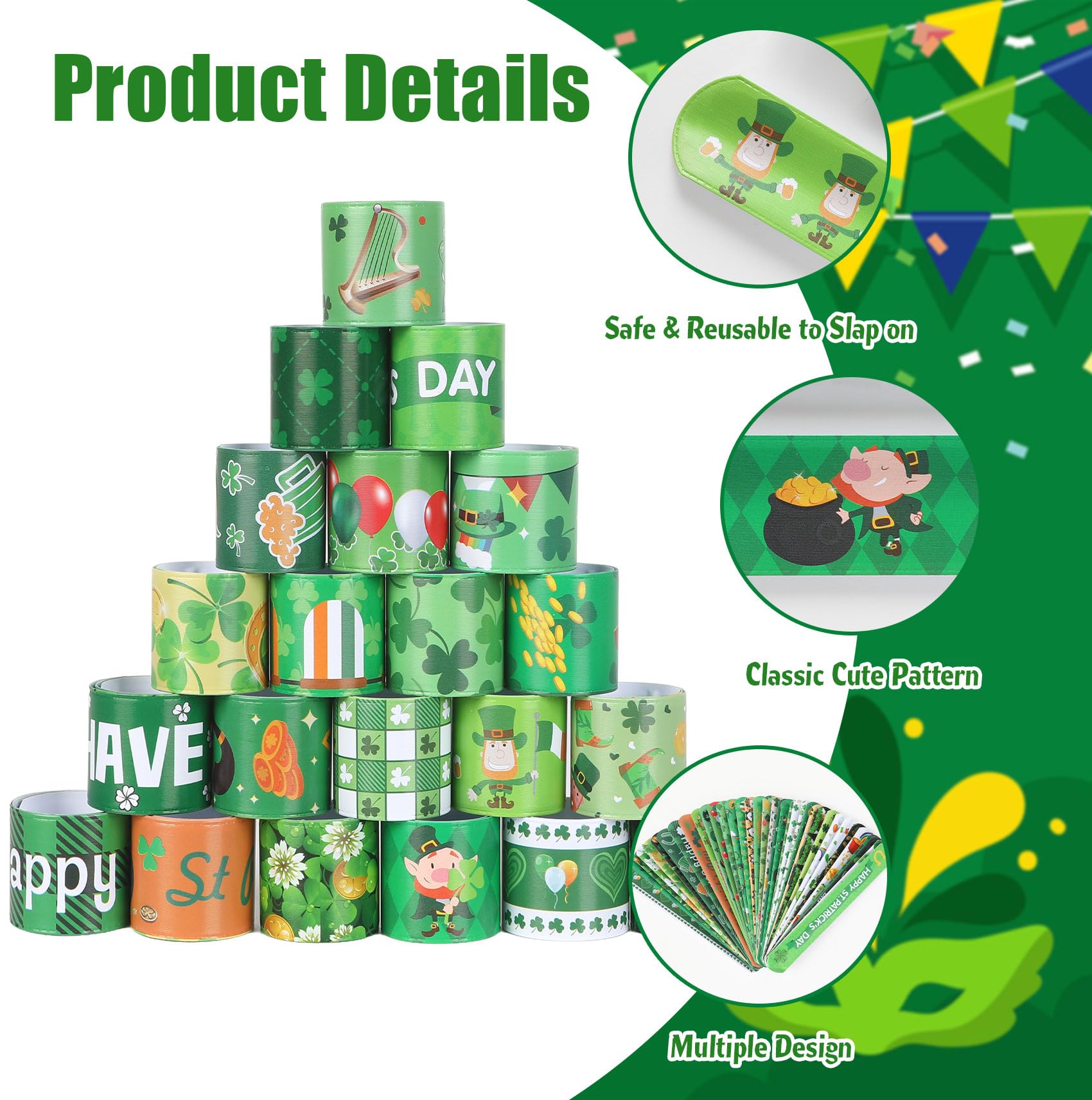 St Patricks Day Slap Bracelets, 36 PCS St Patricks Day Gifts, St Patrick Day Party Favors, Shamrock Snap Bracelets Wristbands Bulk, Slap Bracelets Holiday Goodie Bag Stuffers Classroom Prizes