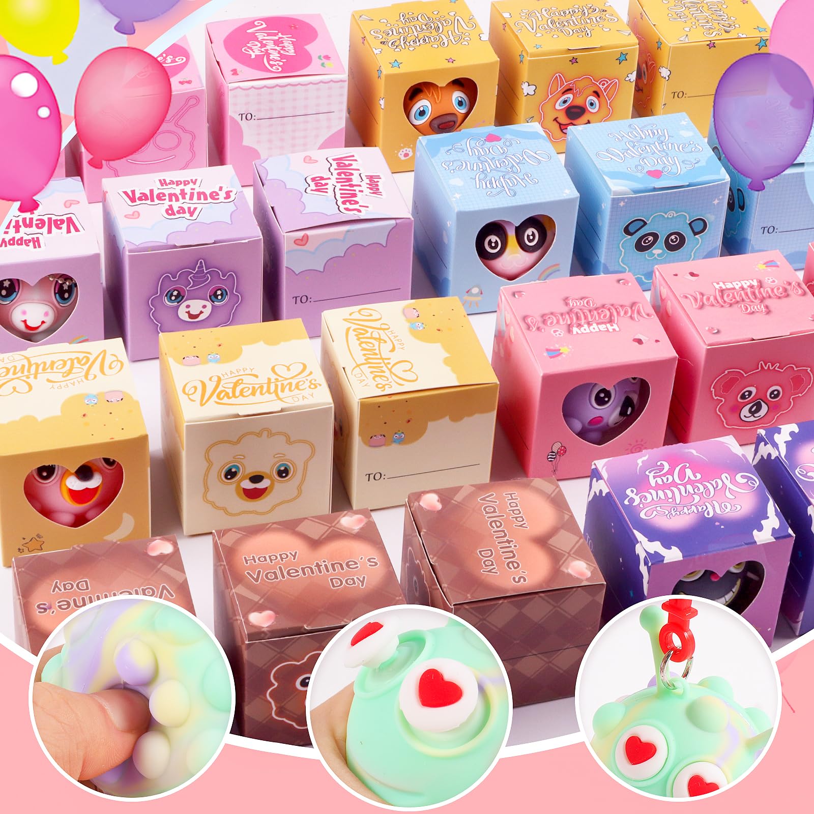 Valentines Day Gifts for Kids, 24 Pack Prefilled Valentines Box with 3D Animal Pop Balls, Valentines Party Favors School Classroom, Valentines for Class, Valentines Exchange Gifts for Boys Girls