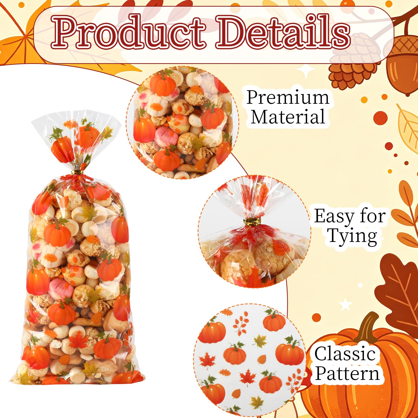Fall Thanksgiving Treat Bags, 100 PCS Fall Thanksgiving Cellophane Treat Bags, Plastic Maple Leaf Pumpkin Acorn Candy Cookie Goodie Gift Bag with Twist Tie for Autumn Thanksgiving Party Favor Supplies