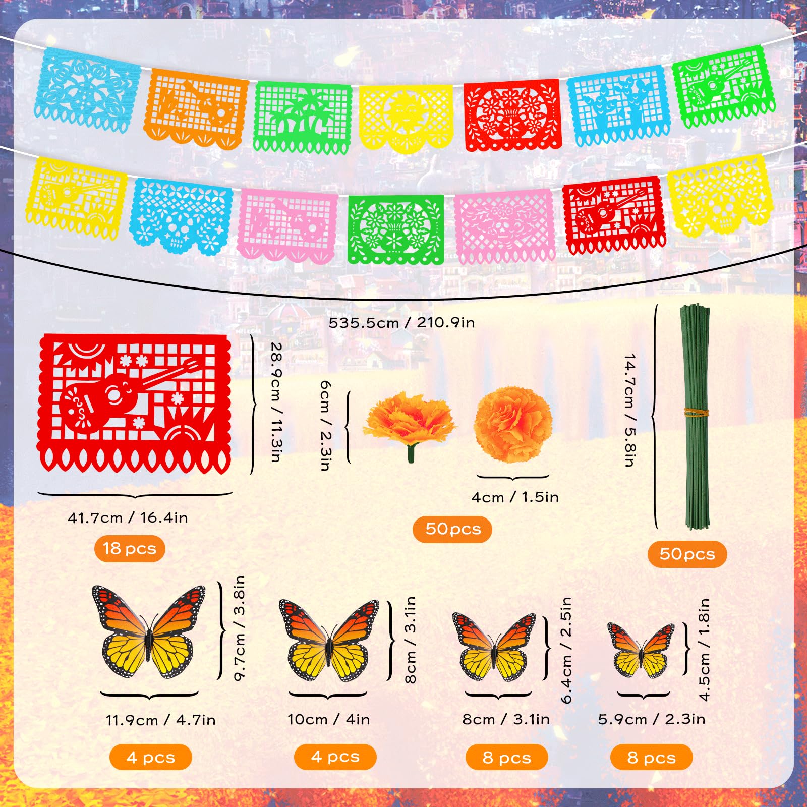 96Pcs Day of The Dead Decorations Set,18 Mexican Party Banners Papel Picado, 2 Marigold Garland, 50 Marigold Flowers, Table Skirt, Table Runner, 24 Butterfly for Dia De Los Muertos Diwali Altar Decor