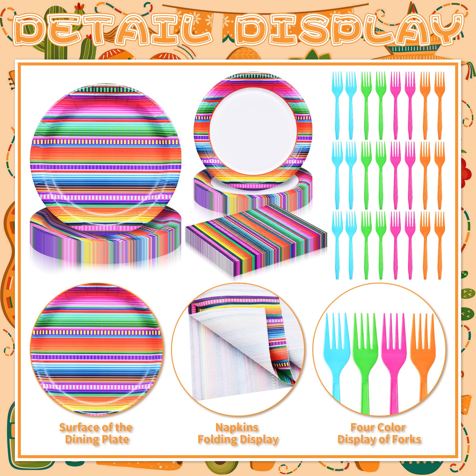 96 Pieces Mexican Fiesta Party Tableware Set - Colorful Serape Stripe Disposable Dinnerware with Paper Plates, Napkins, Plastic Forks - Cinco de Mayo, Taco Tuesday, Birthday, BBQ Party Supplies