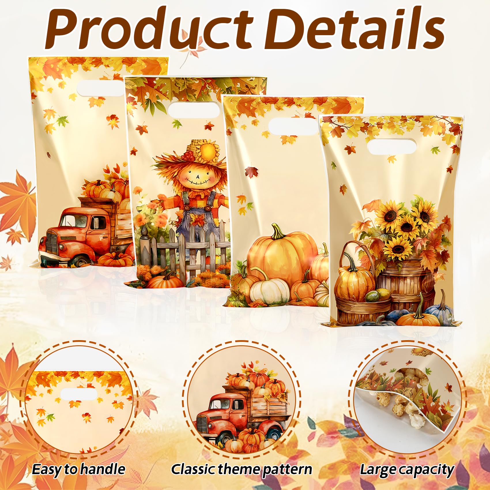 Fall Thanksgiving Treat Bags, 60 PCS Fall Thanksgiving Gift Bags with Handles, 9.8x6.5 Inch Plastic Maple Leaf Pumpkin Scarecrow Candy Goodie Cookies Bag for Falls Autumn Haverst Party Favor Supplies