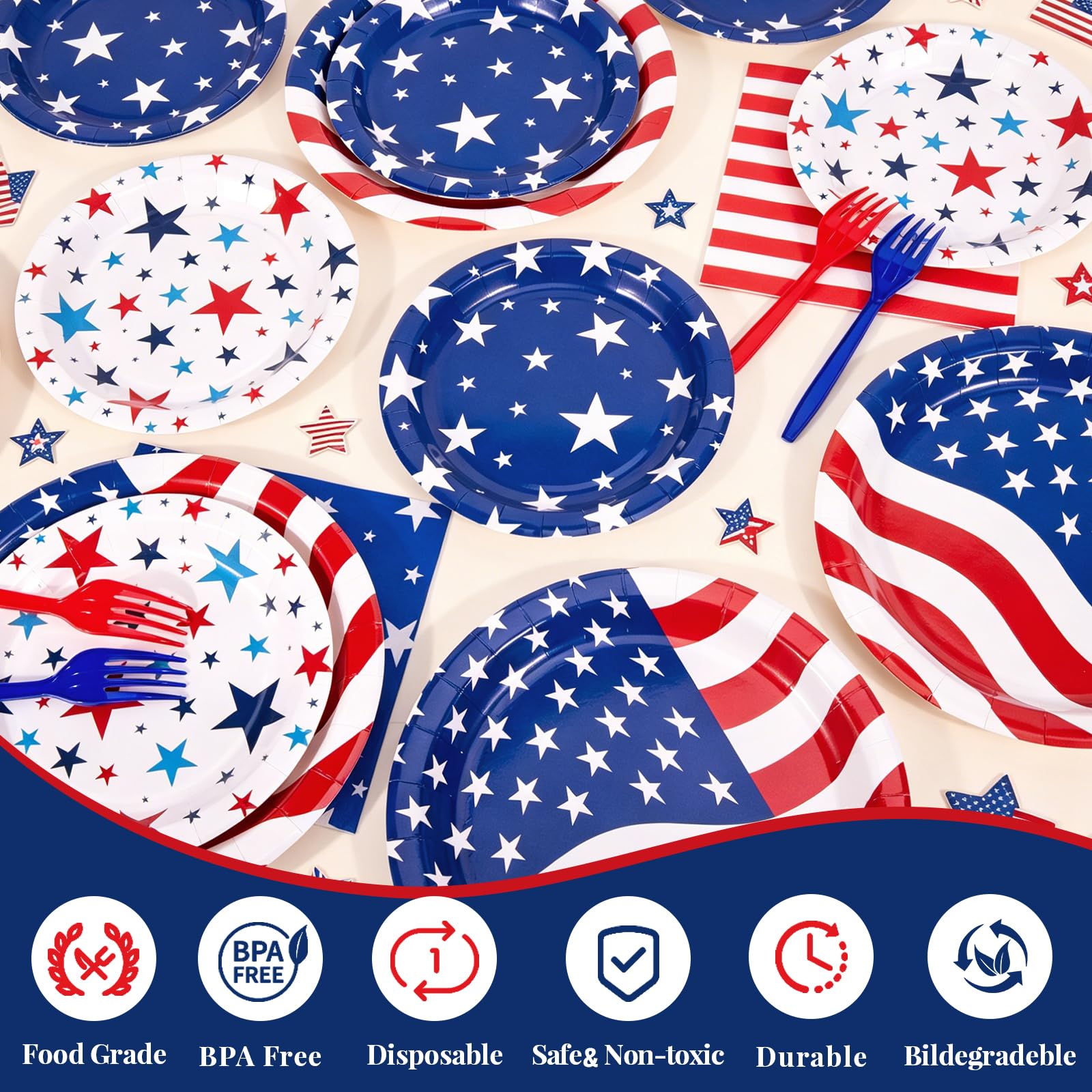 Labor Day Decorations, 119PCs Veterans Day Party Supplies-Serves 24 with 4th of July Plates and Napkins Tablecloth and USA Banner Forks Balloons for Veterans Day Decorations 4th of July Decorations