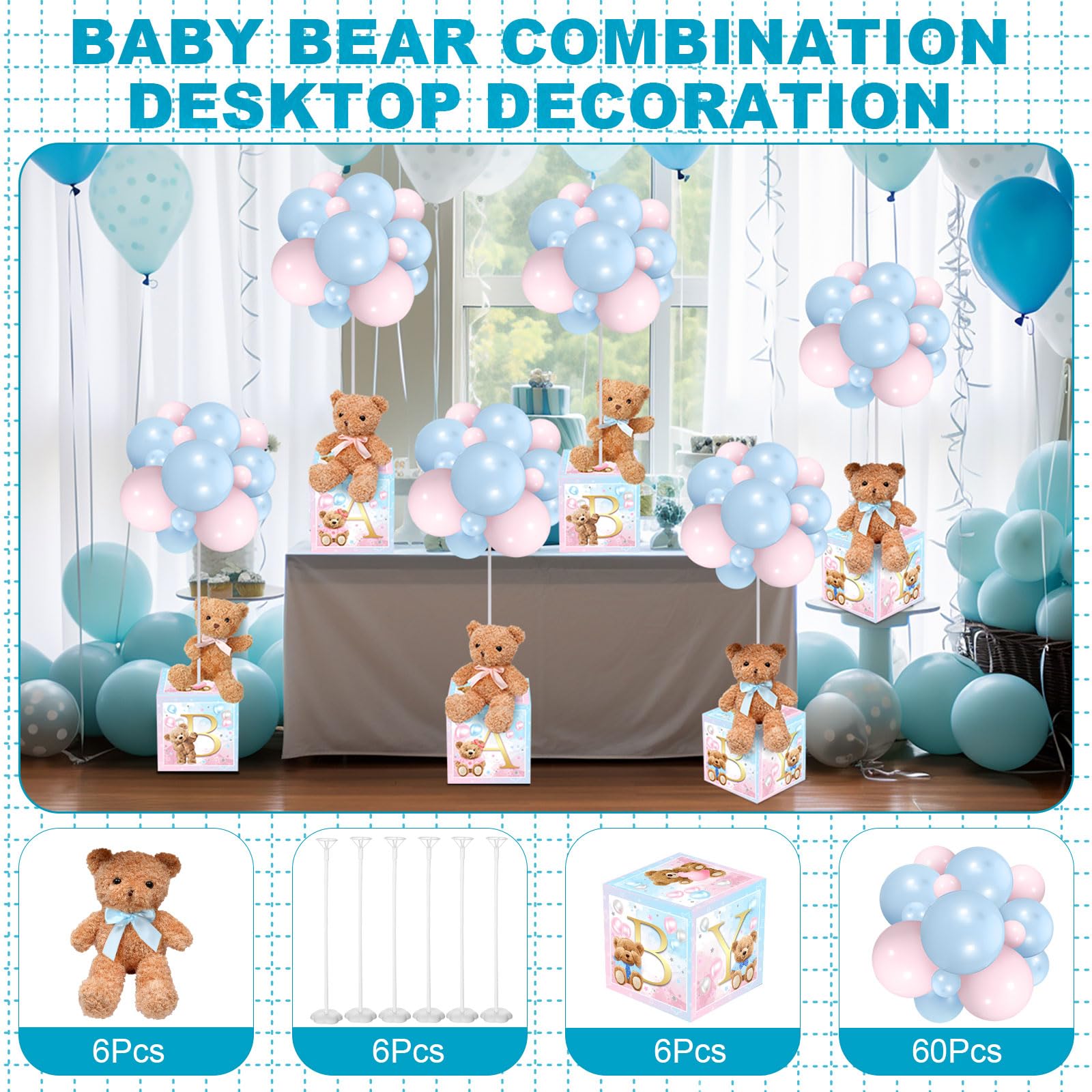 Lenwen 6 Sets Baby Letter Boxes Baby Shower Decor, Bear, Pink Blue