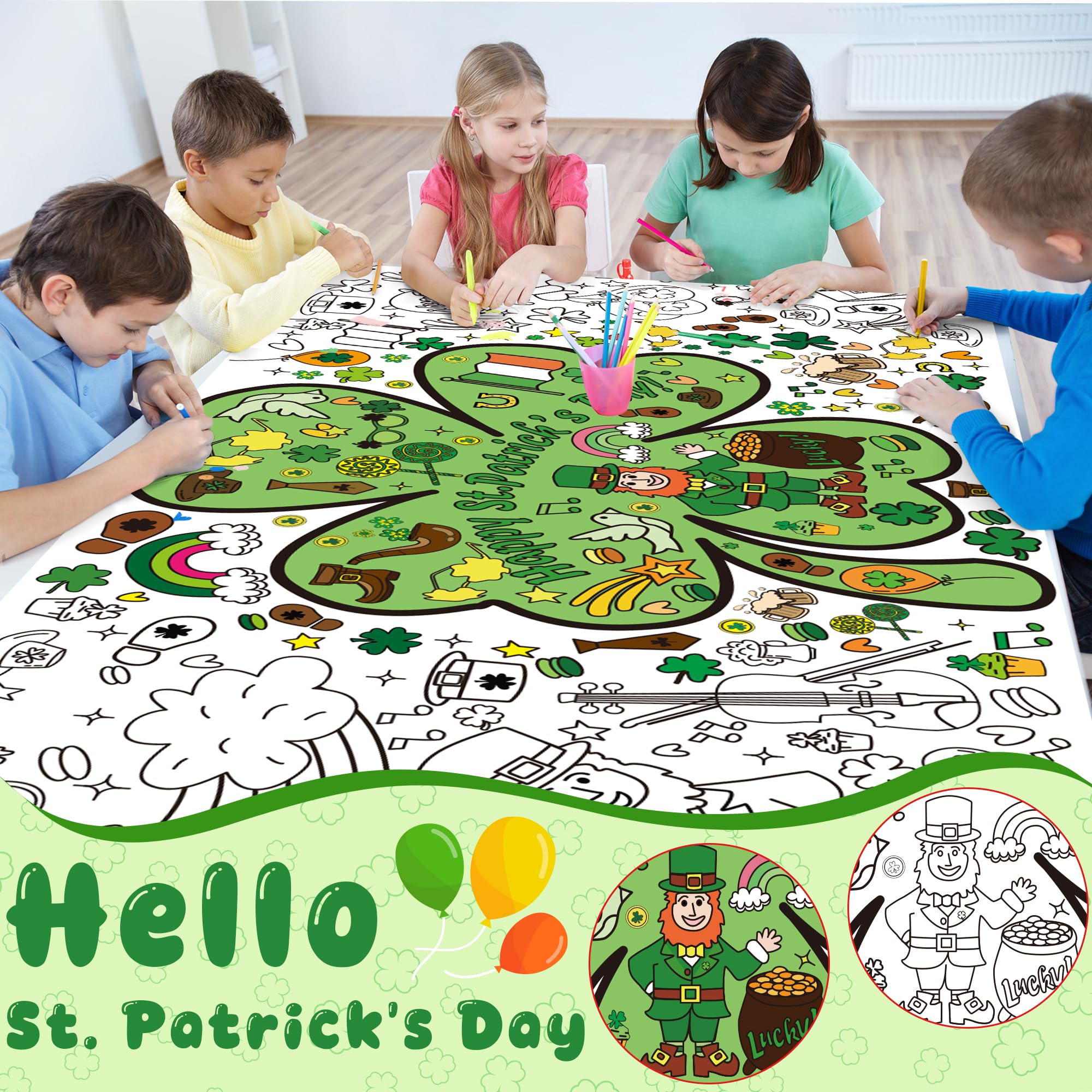 OHOME St Patrick's Day Giant Coloring Poster/Tablecloth - 72×30 Inch St Patricks Day Crafts for Kids,St Patricks Day Gifts Games Activities Toys Decor Party Decorations