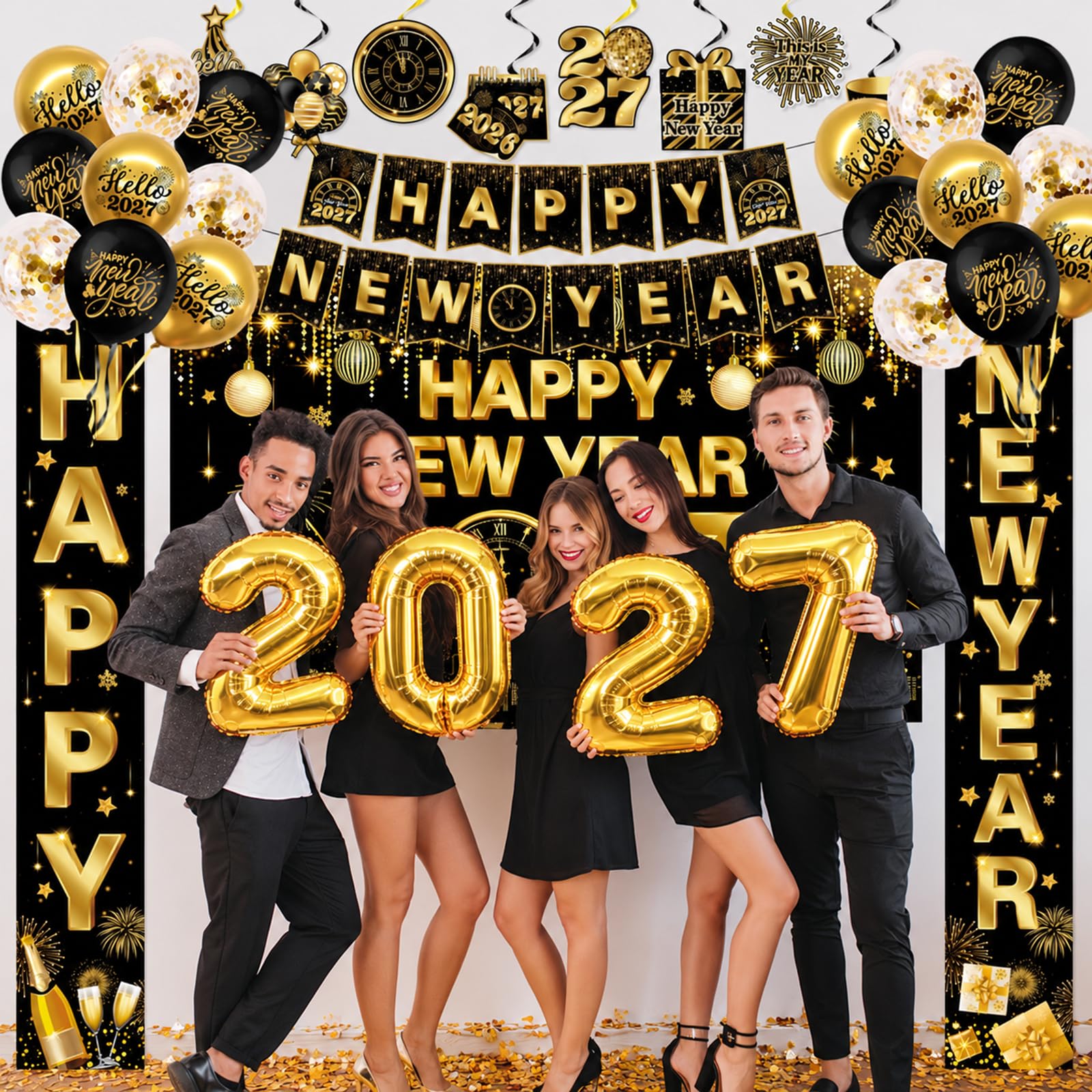 New Years Decorations 2027,Happy New Years Eve Party Supplies Gold and Black Nye Party Decorations With Backdrop Door Banner Hanging Swirls Honeycomb Balloon
