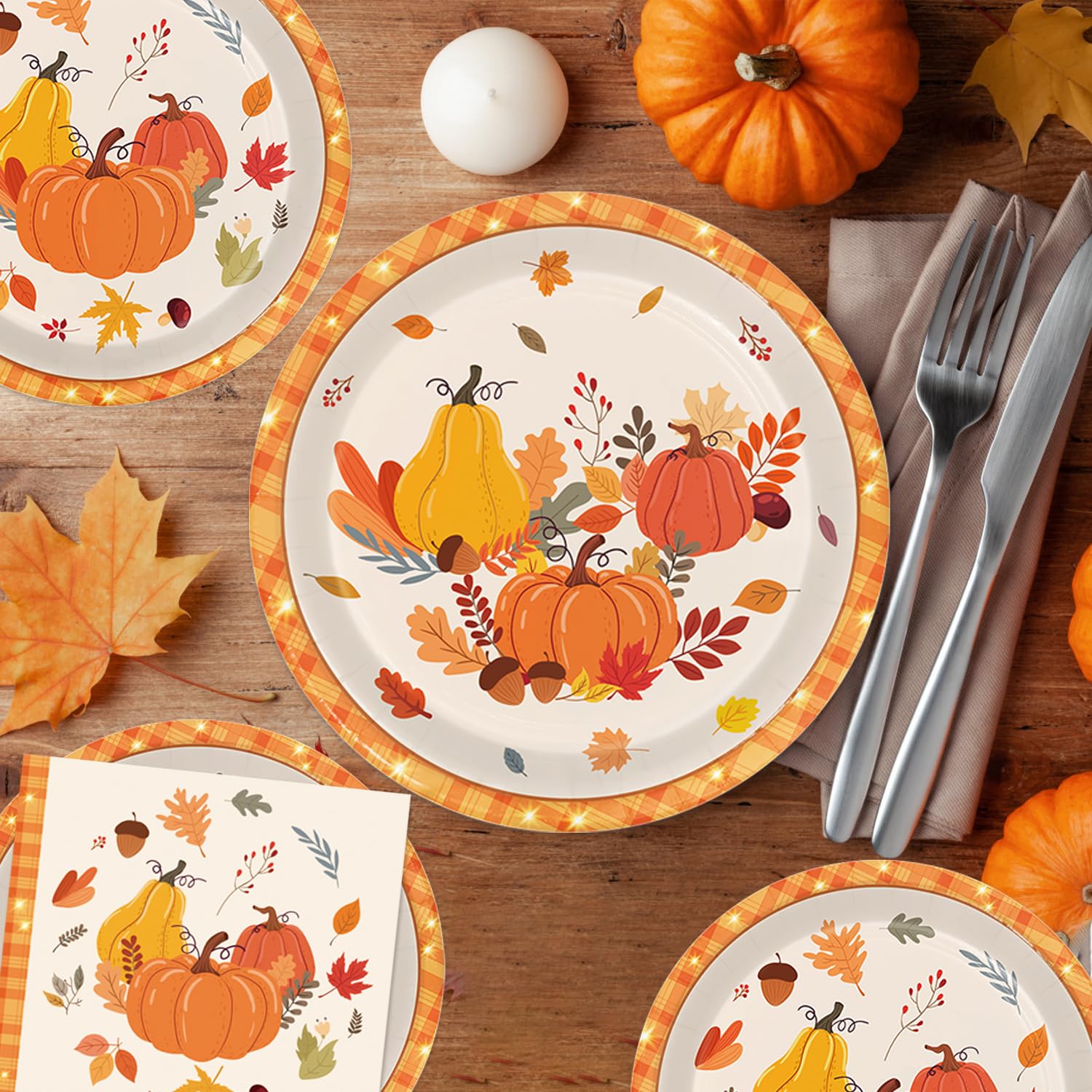 LINHAXM 168 PCS Thanksgiving Fall Party Supplies Autumn Pumpkin Tableware Set Includes Paper Plates, Napkins, Cups, Cutlery for Autumn Holiday Thanksgiving Harvest Party Decorations, Serve 24