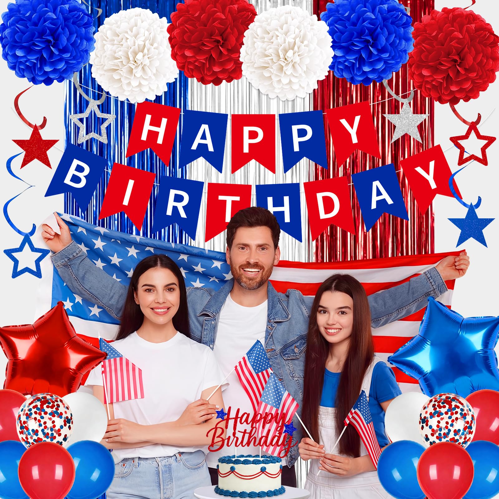 58PCS Red White and Blue Birthday Decorations, Red and Blue Birthday Decorations Include Banner Balloons Hanging Swirls Fringe Curtain, USA Patriotic HBD Decorations for 4th of July Independence Day