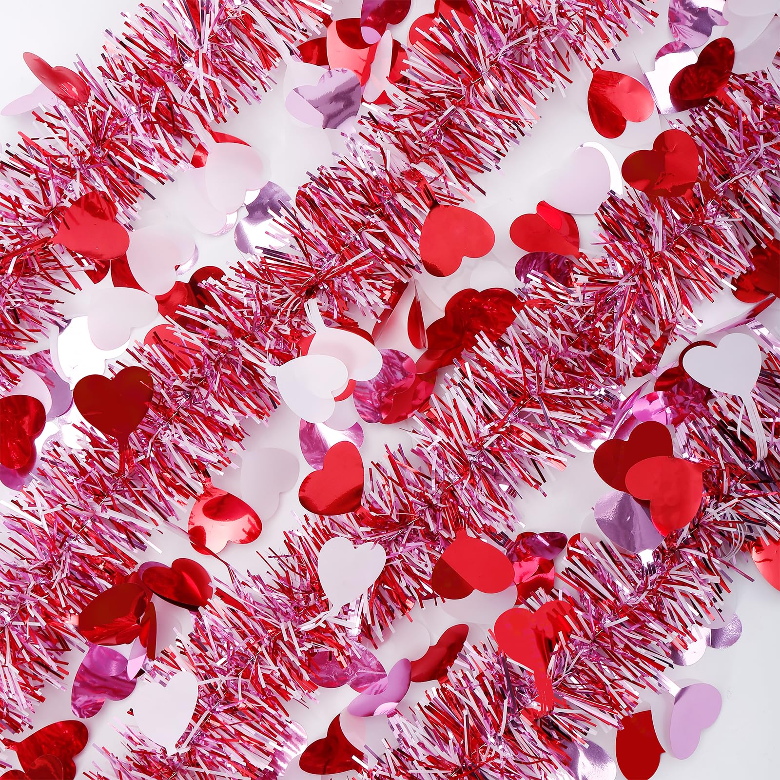 Valentines Garland Decor,50Ft Glitter Tinsel Heart Garland Decorations for Tree Mantle Bedroom Office Classroom Party Indoor Outdoor Holiday Home Pink Red White