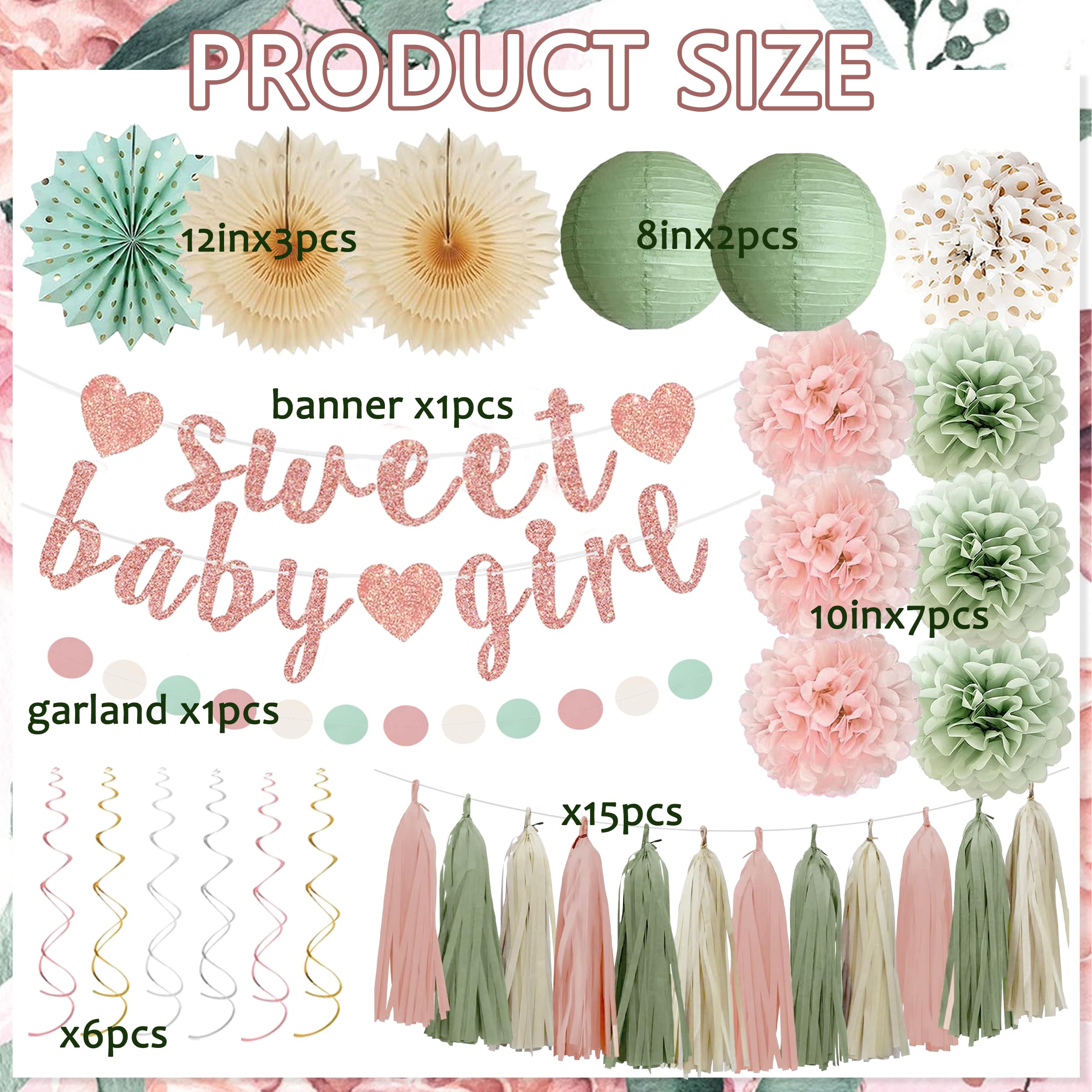 Sage Green and Blush Pink Baby Shower Decorations - Sweet Baby Girl Banner, Olive Green Lanterns, Streamers, Tissue Pom Poms, Paper Fans, Pink Beige Boho Paper Tassel, Rustic Backdrop Decor