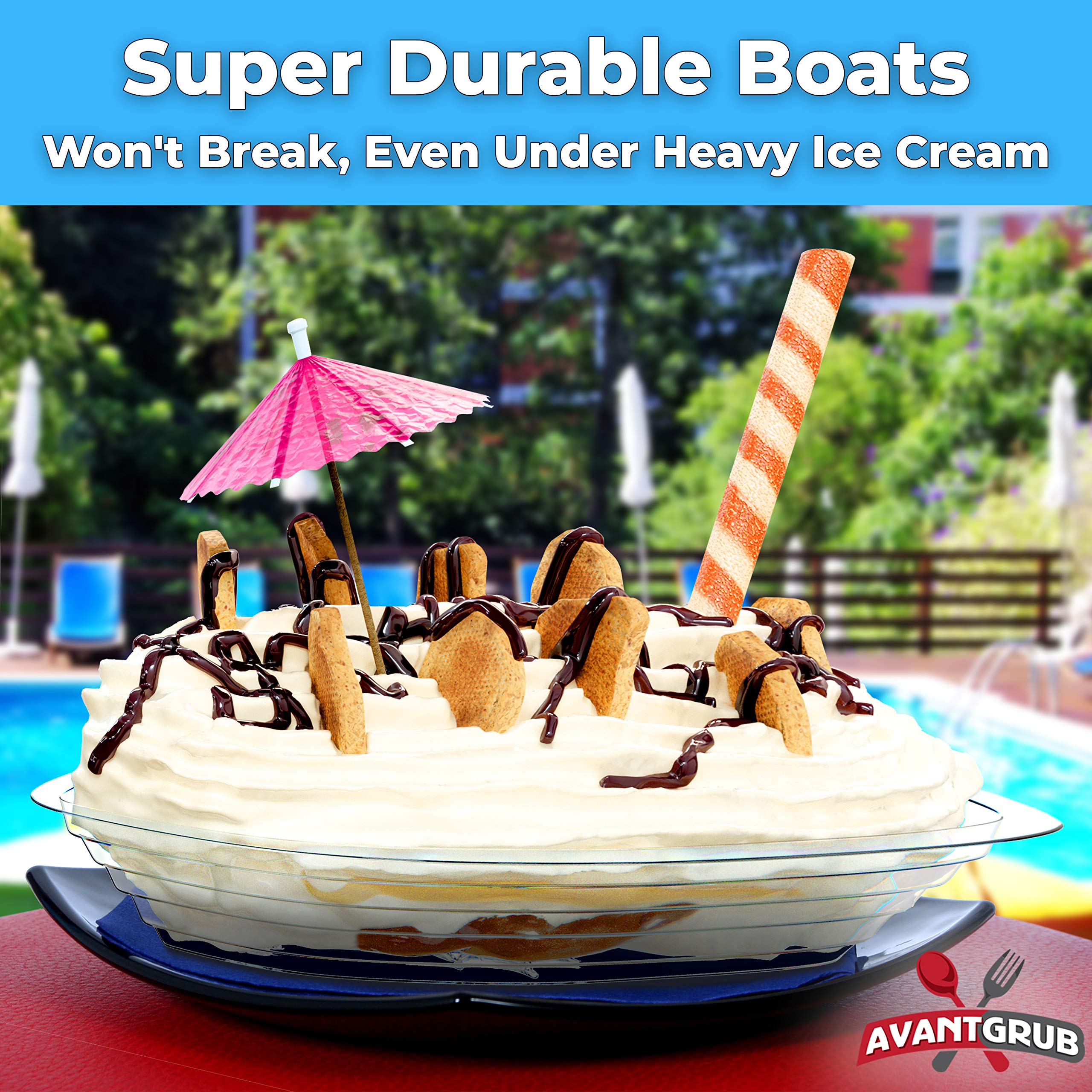 Super Fun Recyclable 8oz Banana Split Boats 250 Pack. Durable, Disposable Ice Cream Sundae Bowls. Perfect Plastic Cups for Social Event or Kids Birthday Party. Great Clear Dessert Tray for Carnivals.