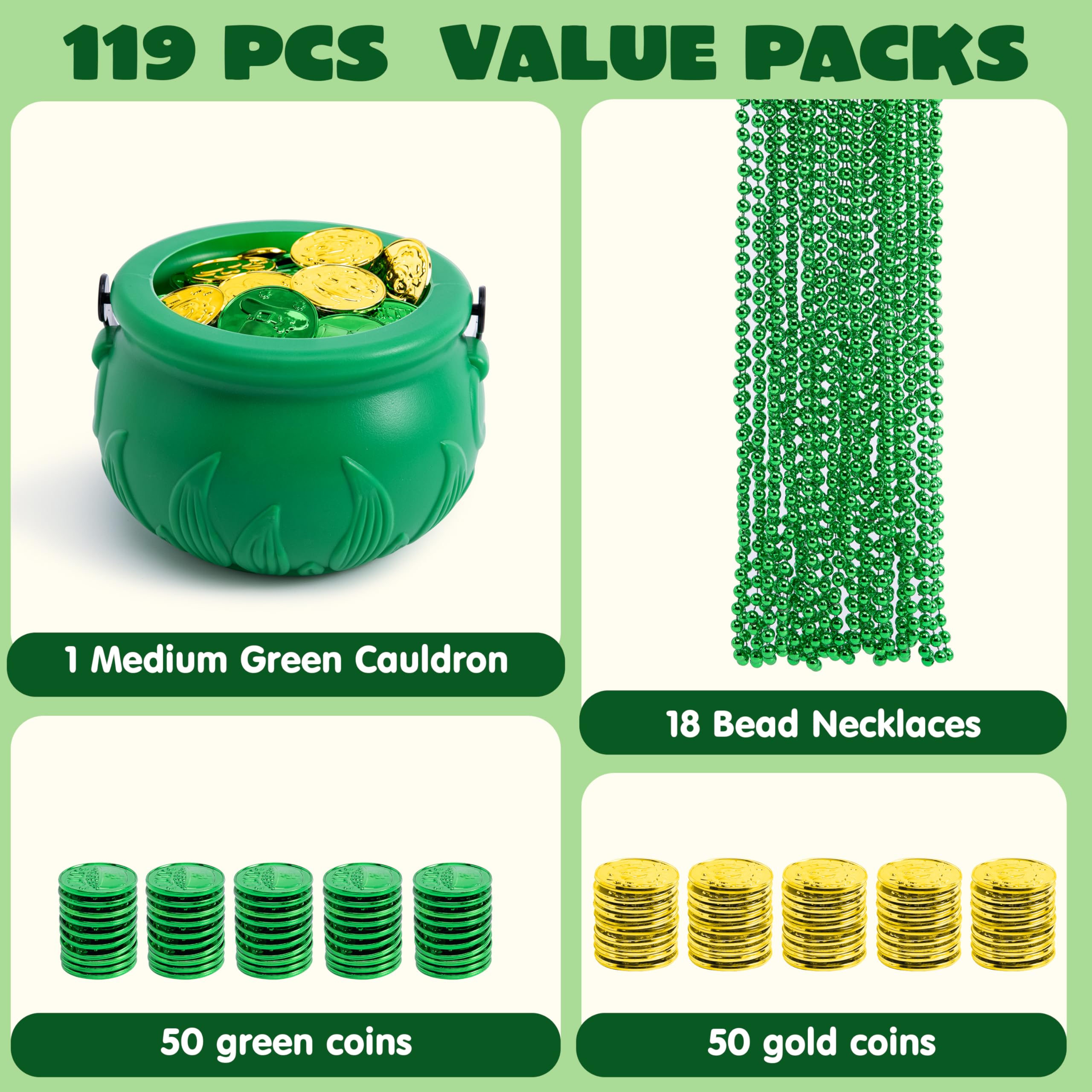 JOYIN 119 Pcs St. Patrick’s Party Supplies Set, 18 Bead Necklaces, 100 Plastic Coins and 1 Cauldron, St Patrick’s Day Party Favor Supply (Green Cauldron, Bead Necklace, Green and Gold Coins)