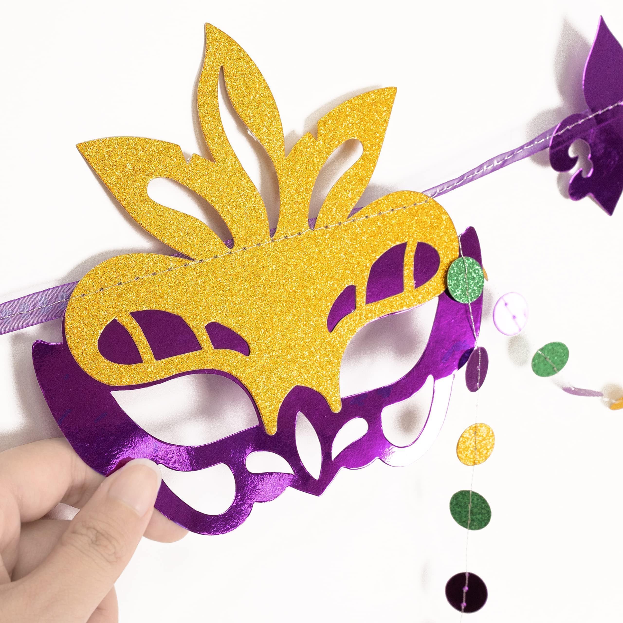 Cheerland Green Purple Gold Mardi Gras Mask Banner Paper Bead Garland Set for Mardi Gras Theme Party Decorations Triangle Flag Bunting for Fat Tuesday Party Supplies Carnival New Orleans Party Decor