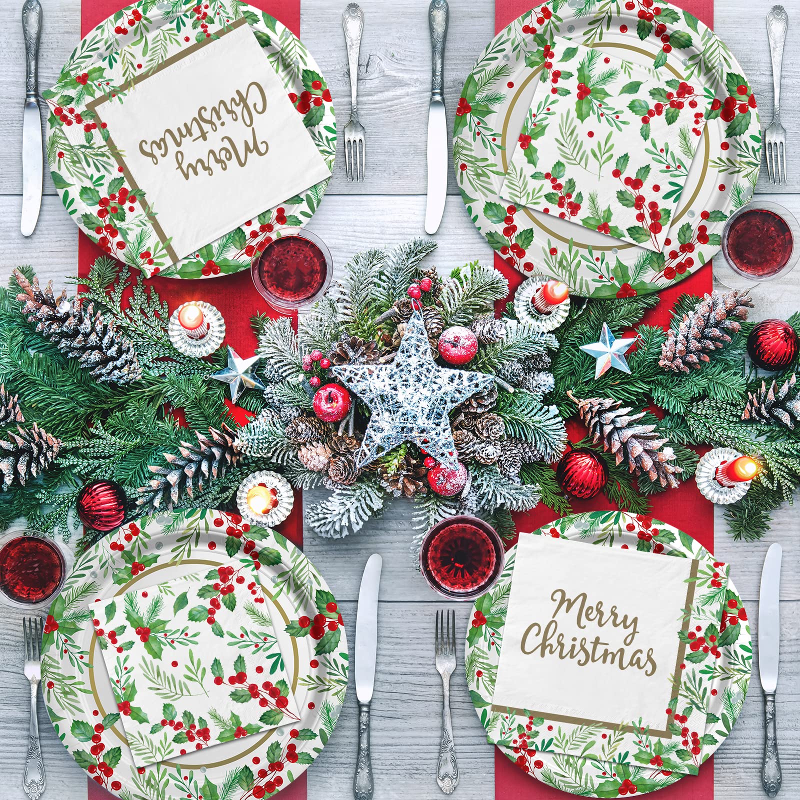Christmas Party Supplies, Serve 50, Christmas Seasonal Holly Tableware Includes: Paper Dinner Plates, Dessert Plates, Luncheon Napkins and Beverage napkins, Great for Party Decorations